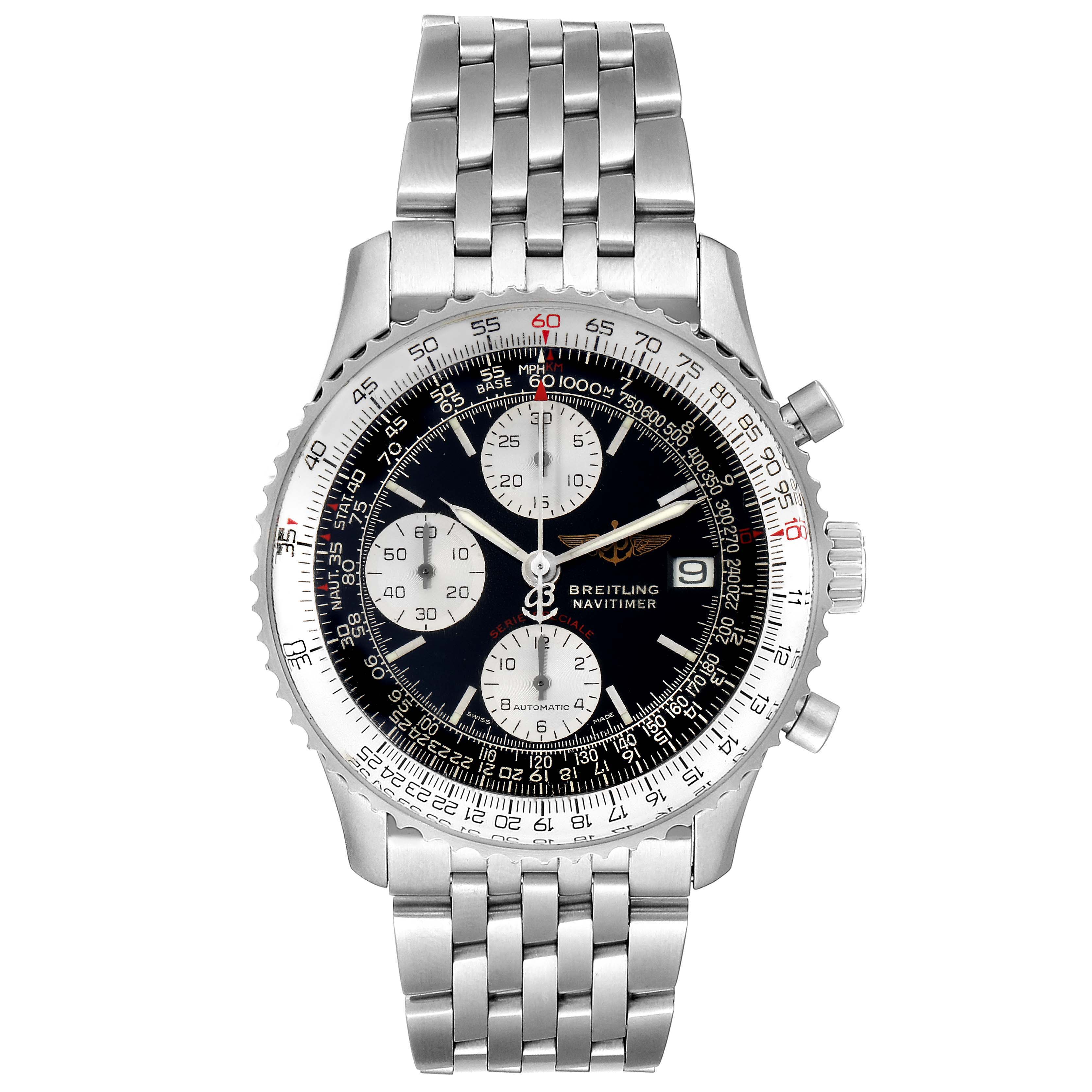 The image shows a front view of a Breitling Navitimer A13330 Men's Stainless Steel Black Dial A13330 Men's Stainless Steel Black Dial watch with a stainless steel bracelet and a detailed dial.