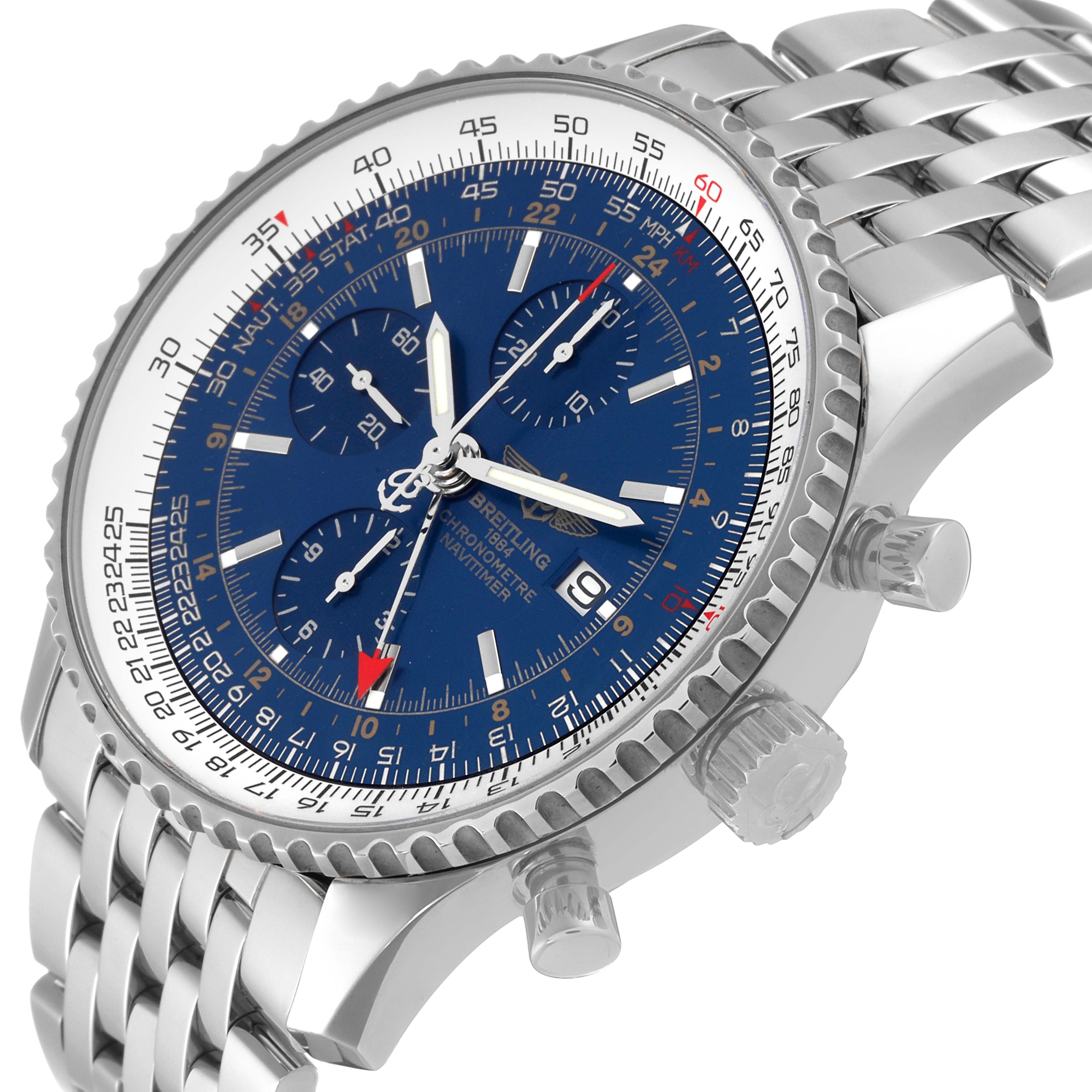 The image shows a stainless steel Breitling Navitimer A2432212/C651 Men
s Stainless Steel Blue Dial A2432212/C651 Men
s Stainless Steel Blue Dial watch at a slight angle, highlighting the bezel, crown, and bracelet.