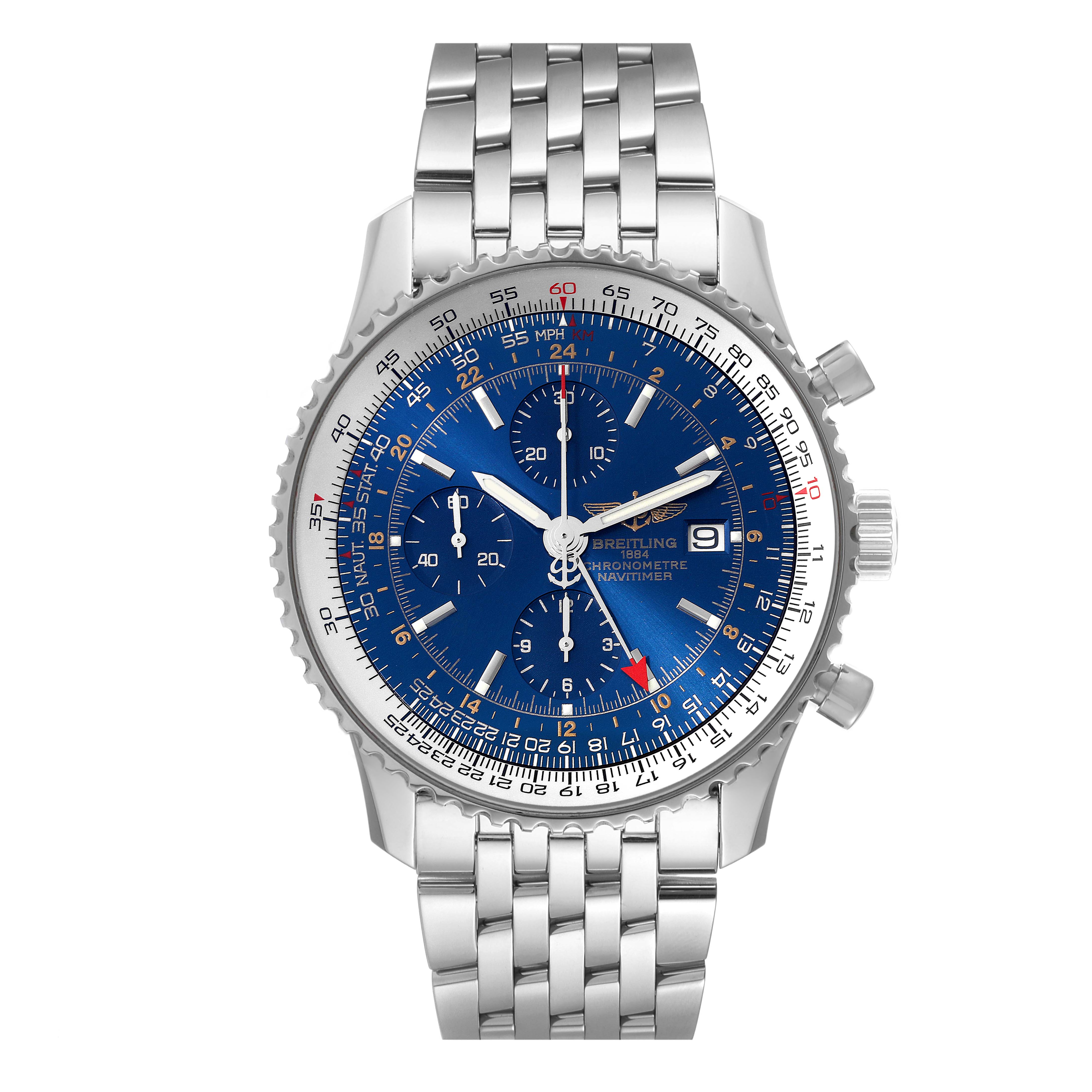 The Breitling Navitimer A2432212/C651 Men
s Stainless Steel Blue Dial A2432212/C651 Men
s Stainless Steel Blue Dial watch is shown from a front angle, highlighting its blue dial, chronographs, and steel bracelet.