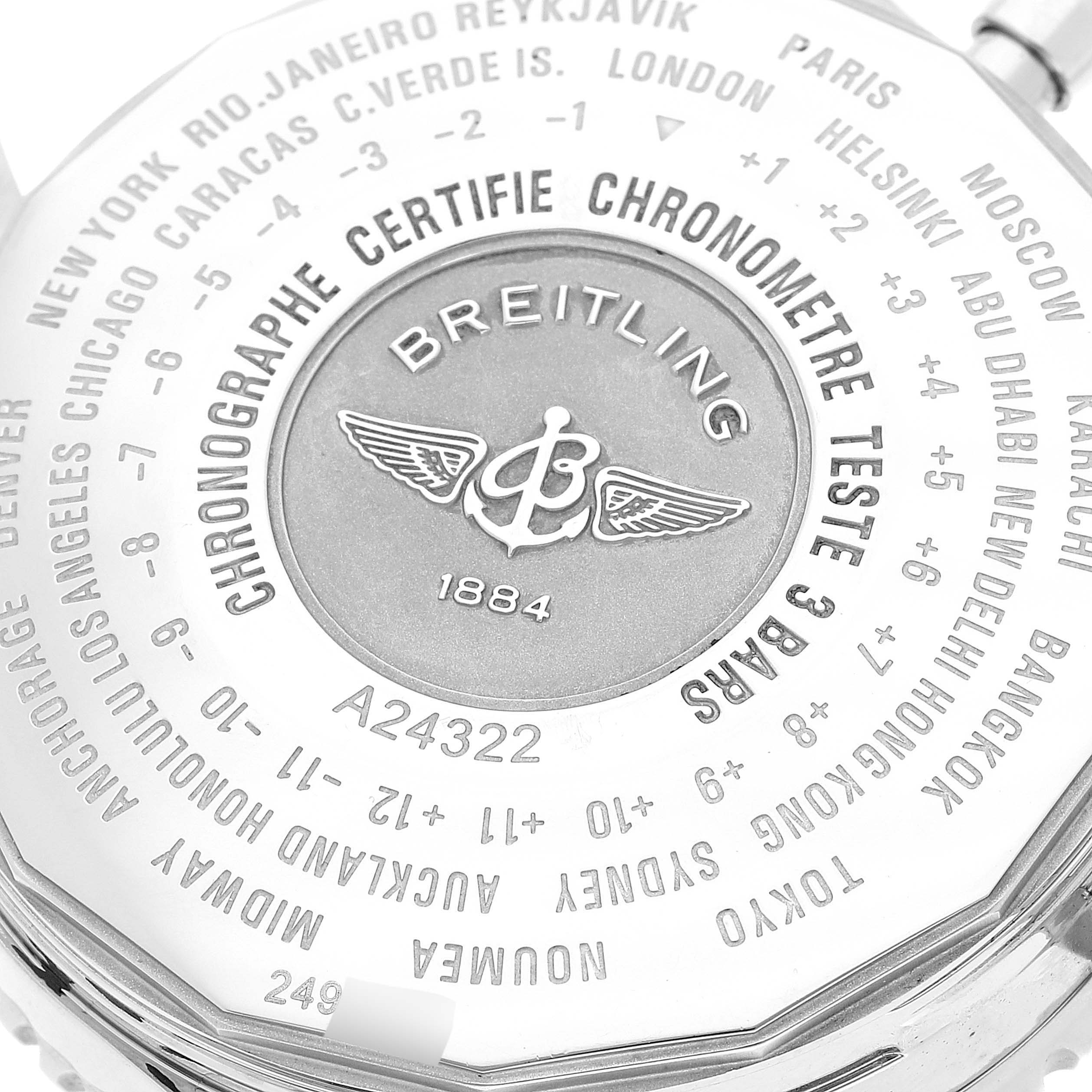 The image shows the back of a Breitling Navitimer A2432212/C651 Men
s Stainless Steel Blue Dial A2432212/C651 Men
s Stainless Steel Blue Dial watch, featuring engravings of different time zones and certification details.