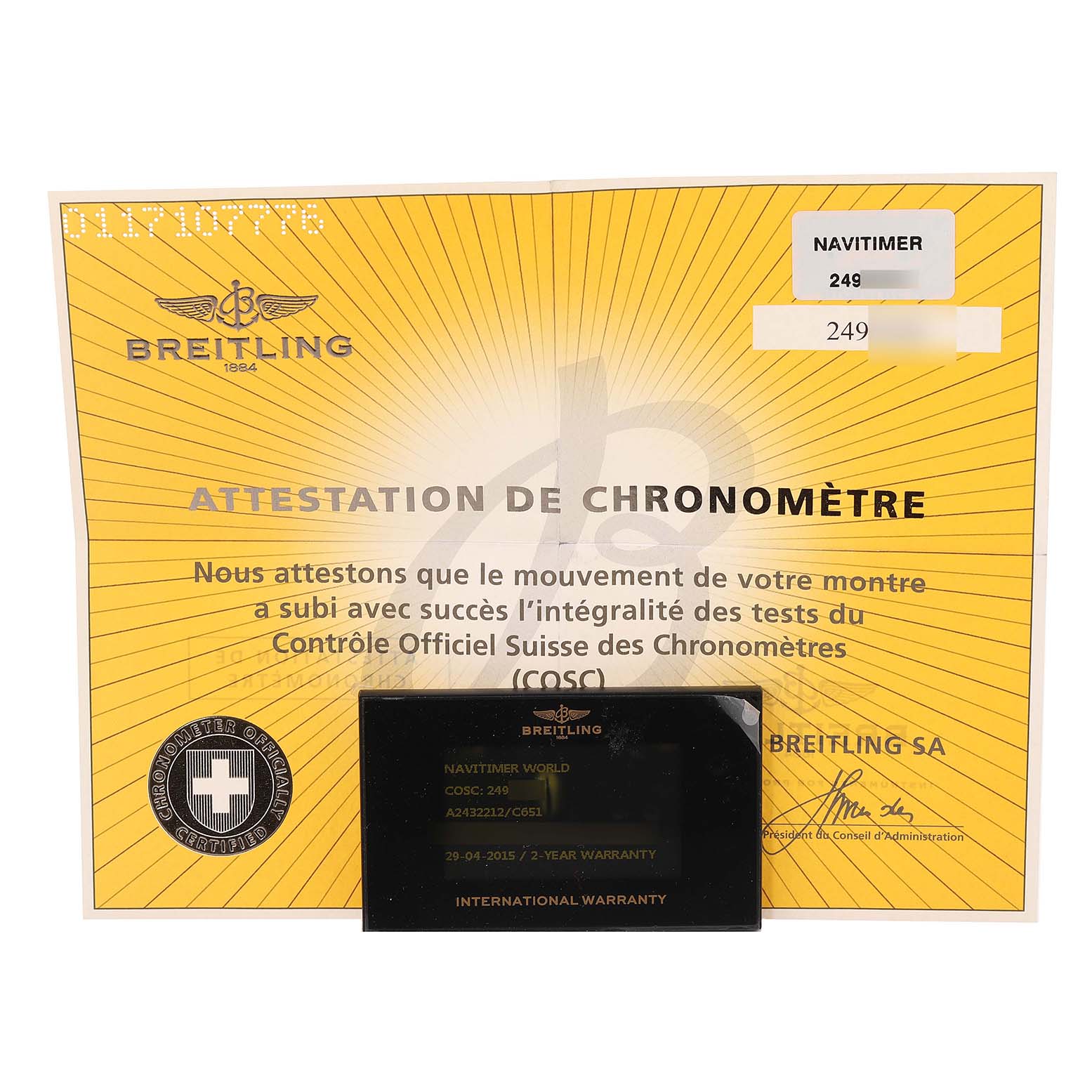 The image shows a certificate of warranty and chronometer attestation for the Breitling Navitimer A2432212/C651 Men
s Stainless Steel Blue Dial A2432212/C651 Men
s Stainless Steel Blue Dial watch model.