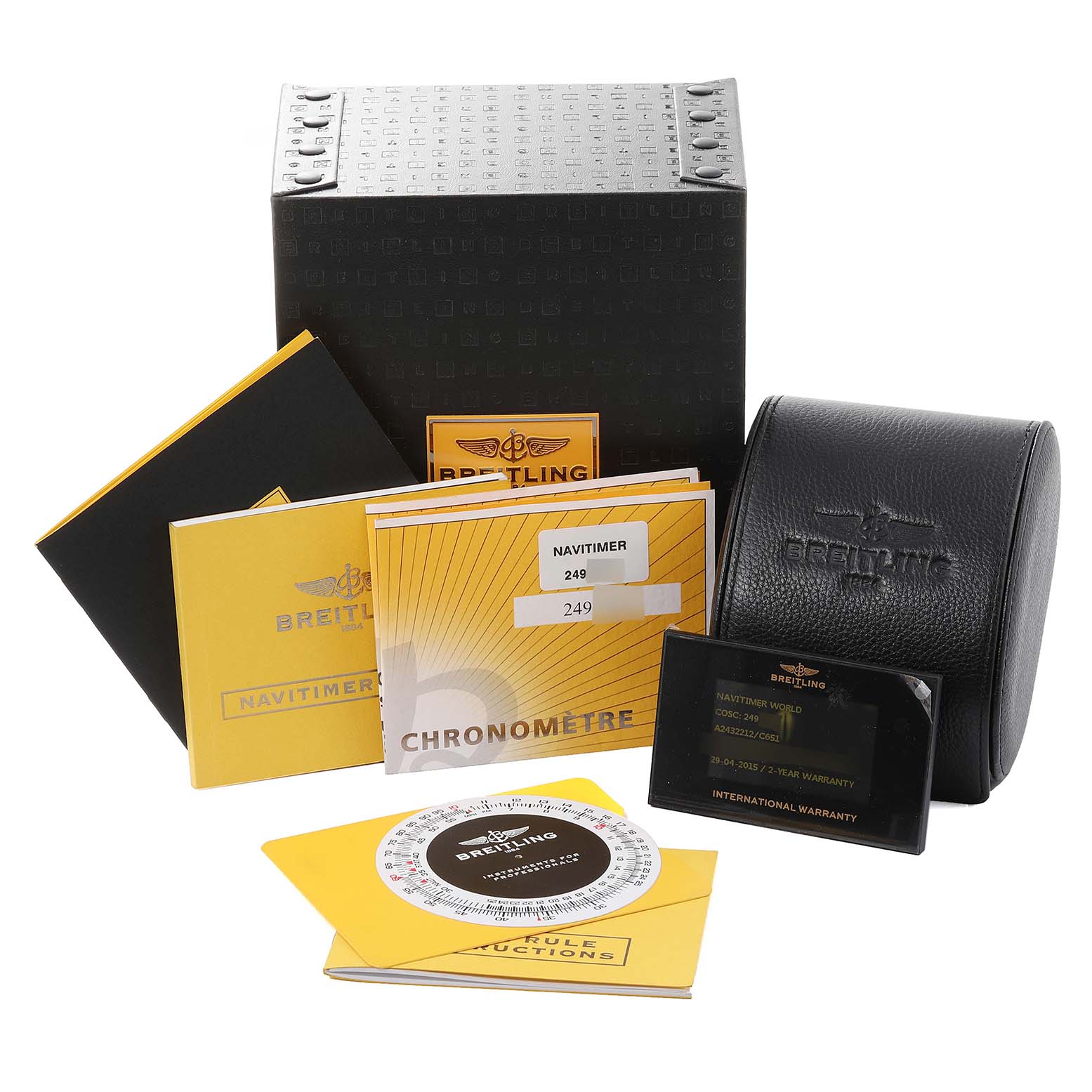 The image shows the packaging, manuals, warranty card, and a storage case for the Breitling Navitimer A2432212/C651 Men
s Stainless Steel Blue Dial A2432212/C651 Men
s Stainless Steel Blue Dial watch.