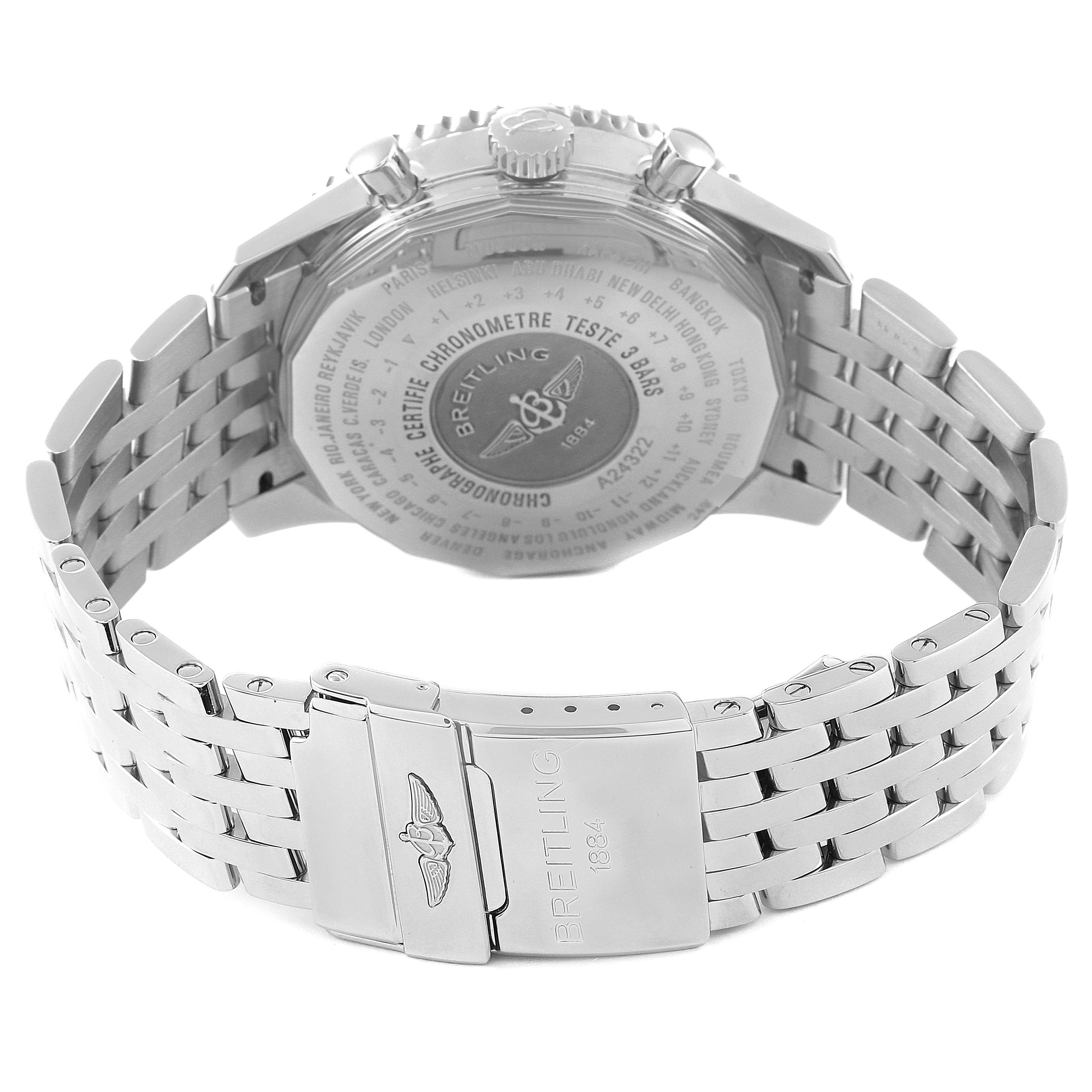 The image shows the back case and bracelet of a Breitling Navitimer A2432212/C651 Men
s Stainless Steel Blue Dial A2432212/C651 Men
s Stainless Steel Blue Dial watch, including the clasp with the Breitling logo.