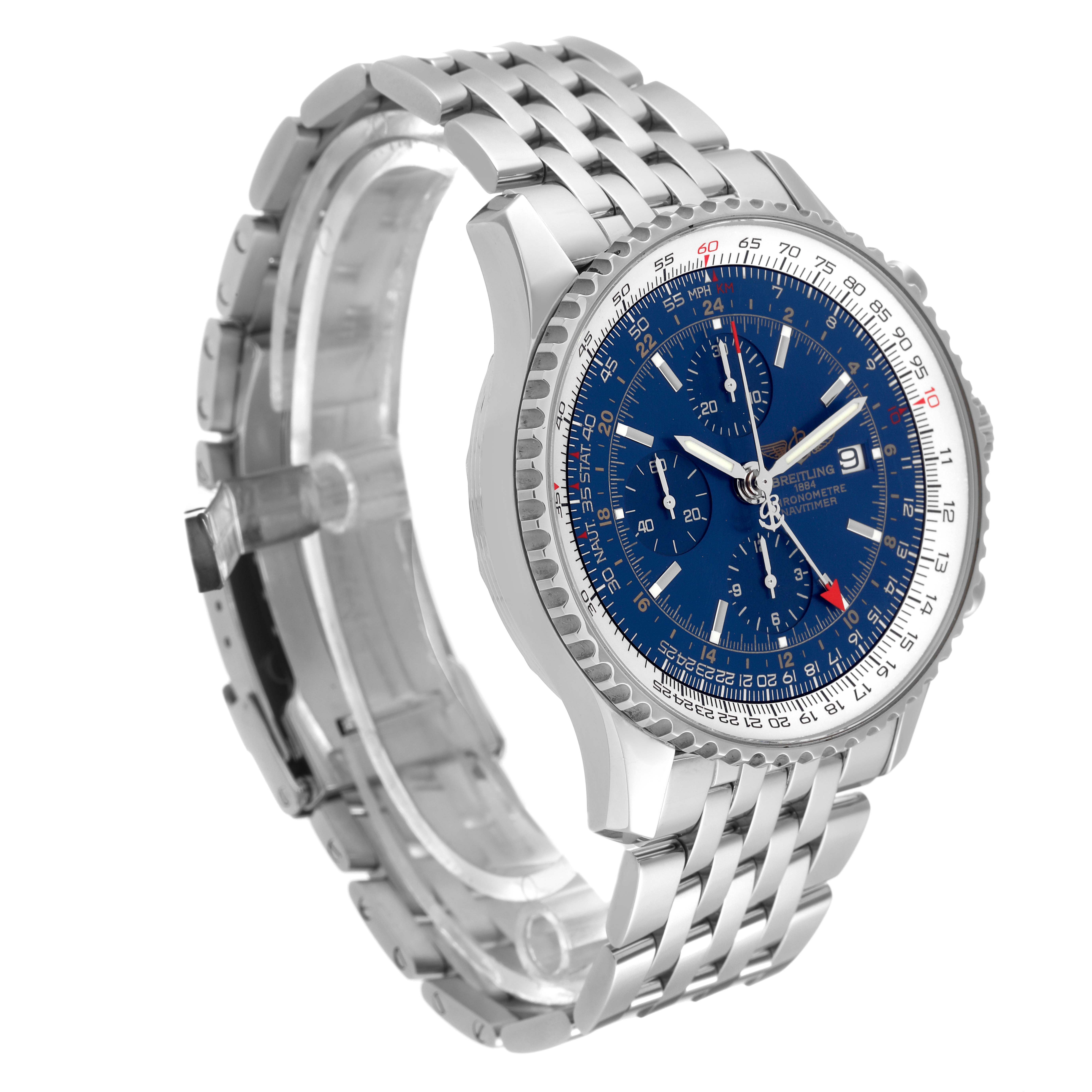 This image shows a side angle of the Breitling Navitimer A2432212/C651 Men
s Stainless Steel Blue Dial A2432212/C651 Men
s Stainless Steel Blue Dial watch, highlighting the metal bracelet and blue watch face.