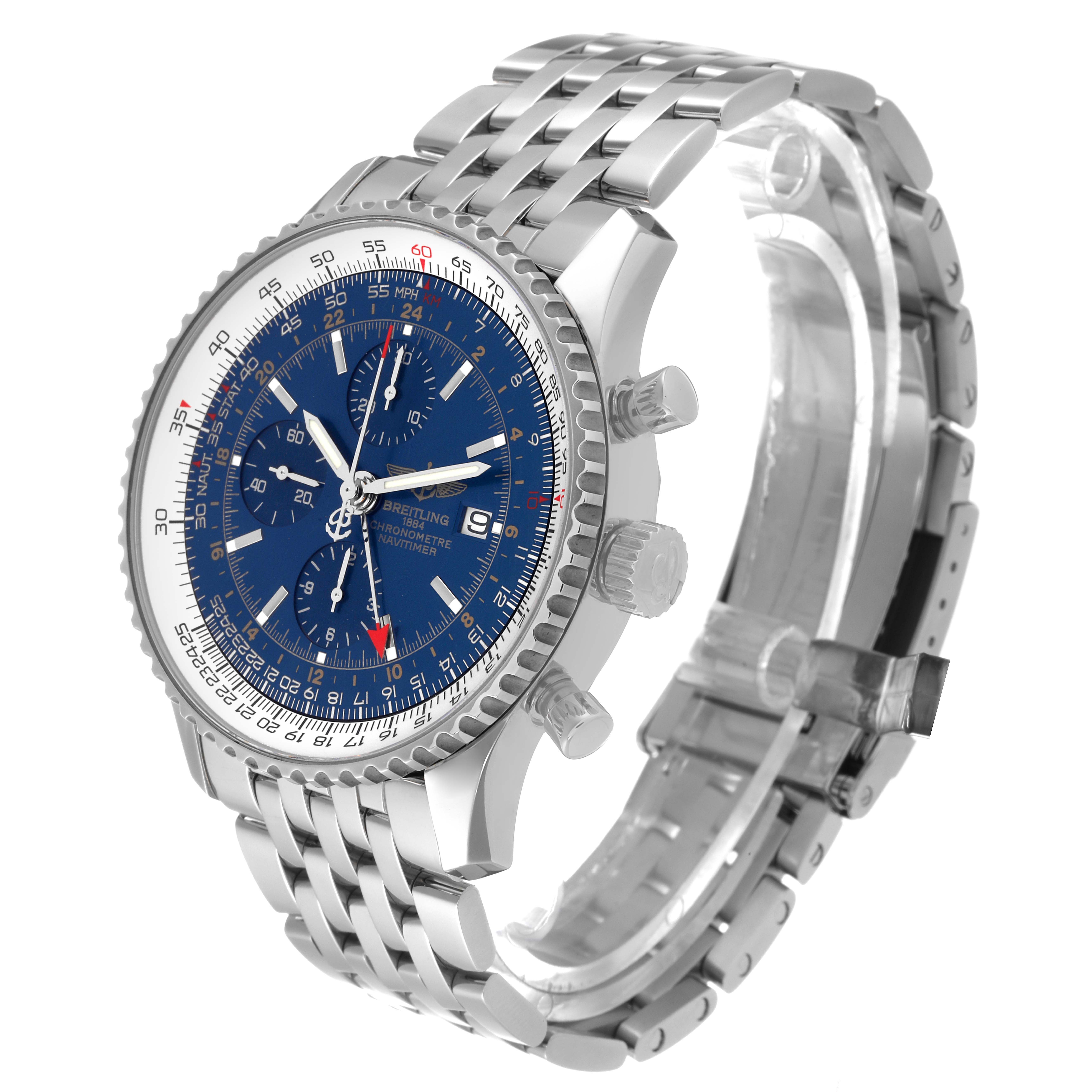 The Breitling Navitimer A2432212/C651 Men
s Stainless Steel Blue Dial A2432212/C651 Men
s Stainless Steel Blue Dial watch is shown at a slight angle with a clear view of the face, bezel, and metal bracelet.