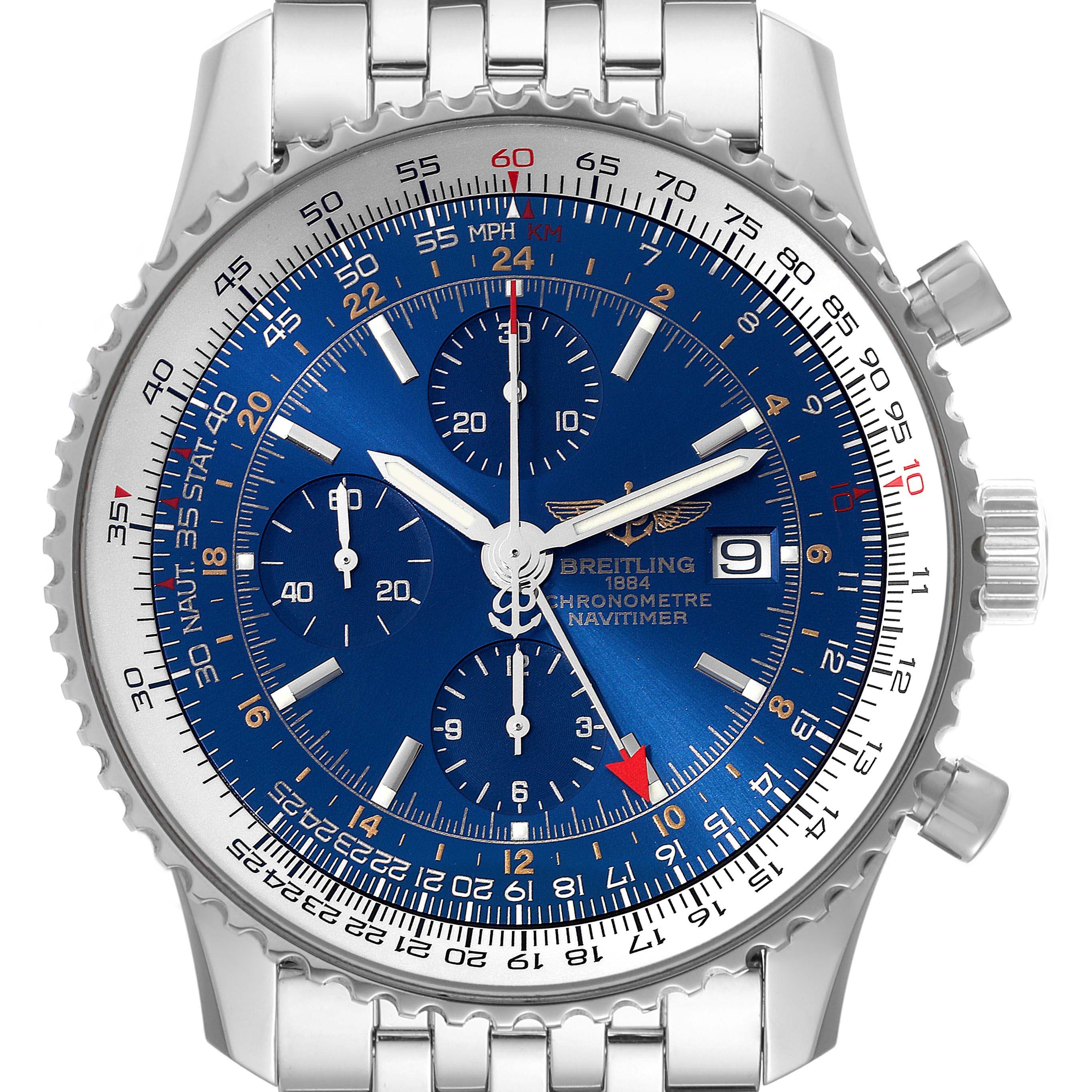The image shows a close-up of the face of a Breitling Navitimer A2432212/C651 Men
s Stainless Steel Blue Dial A2432212/C651 Men
s Stainless Steel Blue Dial watch, including its bezel, dials, and part of the bracelet.