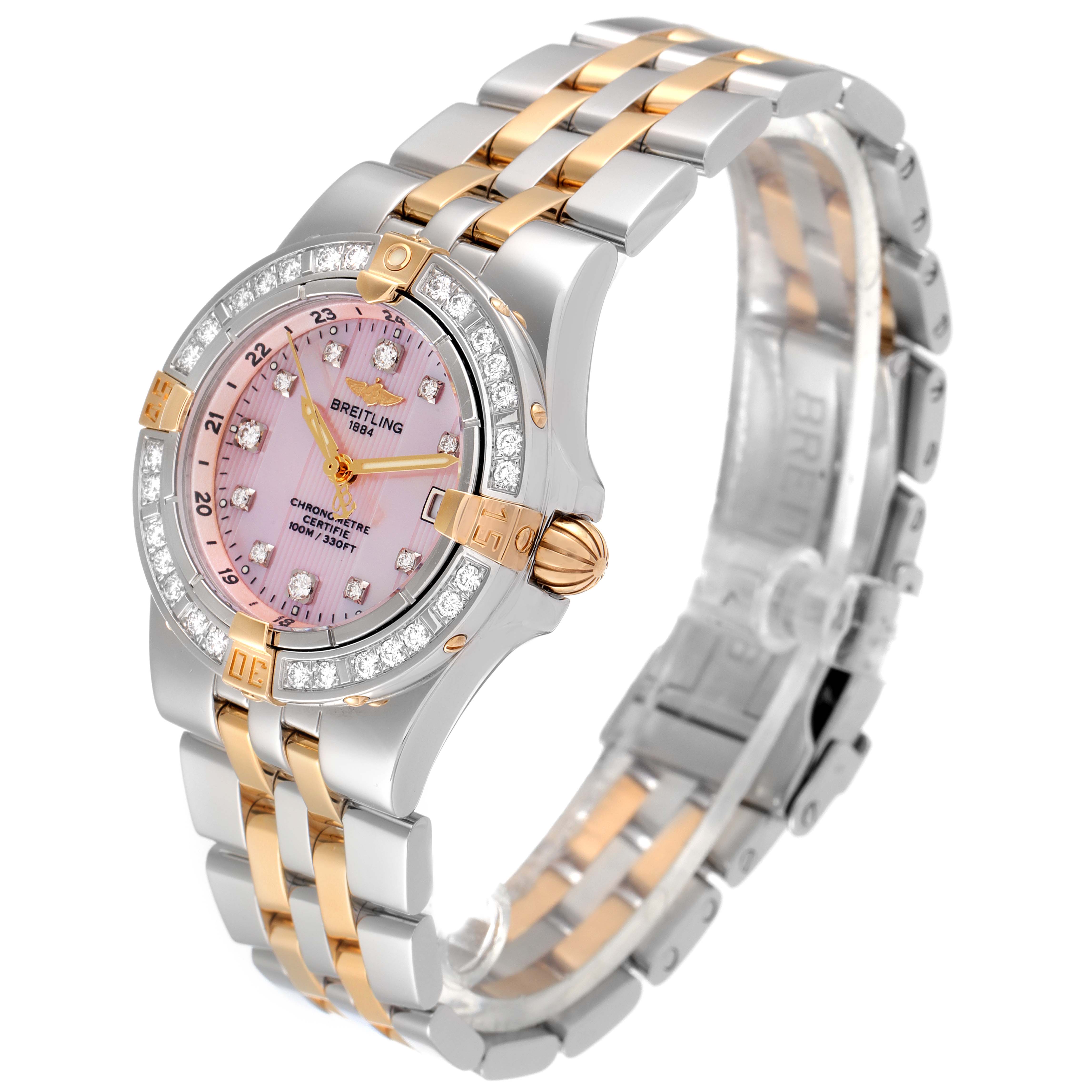 The Breitling B71340 Women's Steel and Gold (two tone) Mother of Pearl Dial B71340 Women's Steel and Gold (two tone) Mother of Pearl Dial Starliner Steel Yellow Gold B71340 watch is shown at a front-left angle, highlighting the dial, bracelet, and crown.