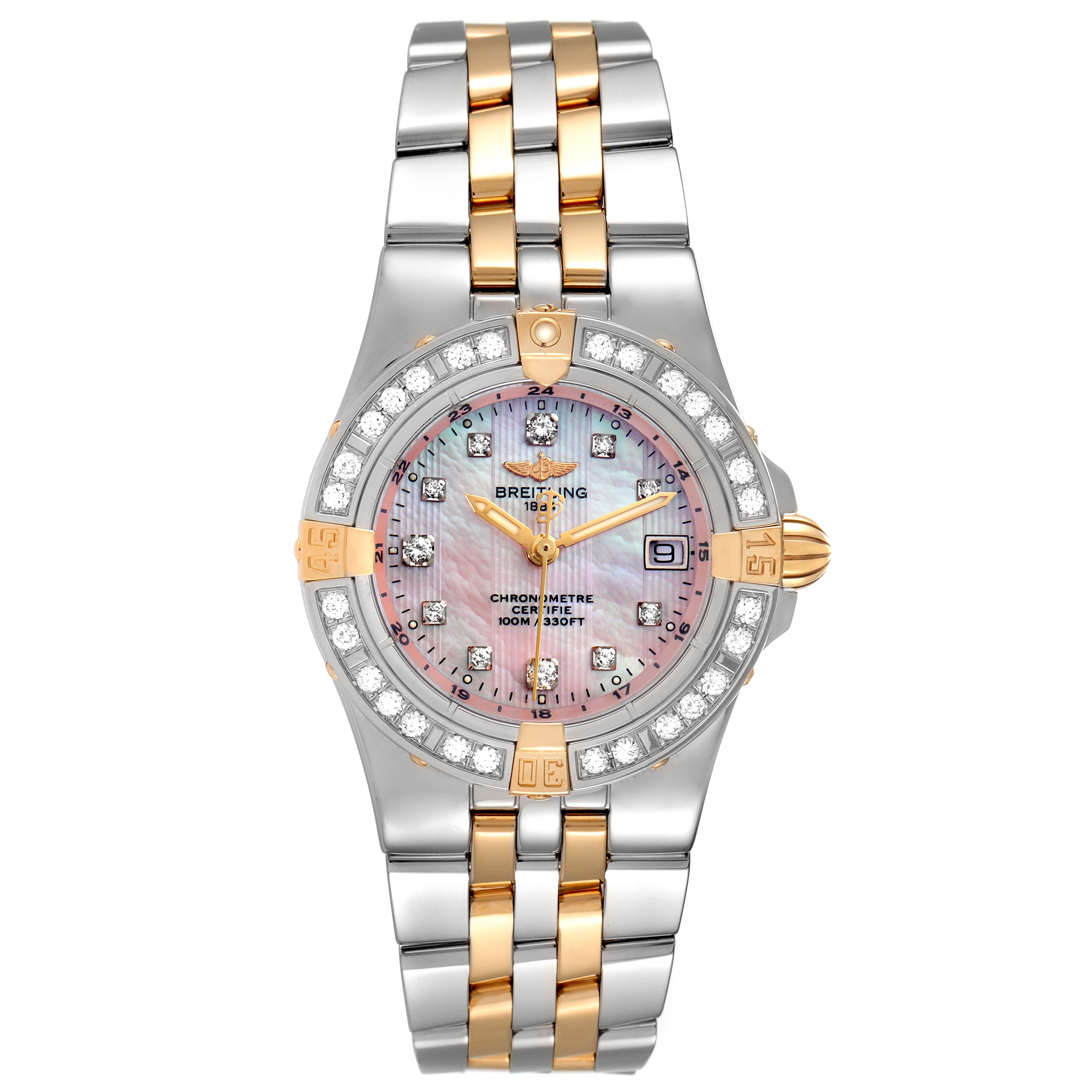 The image shows a front view of the Breitling B71340 Women's Steel and Gold (two tone) Mother of Pearl Dial B71340 Women's Steel and Gold (two tone) Mother of Pearl Dial Starliner B71340 Steel Yellow Gold MOP Diamond Ladies Watch, highlighting its dial, bezel, and bracelet.