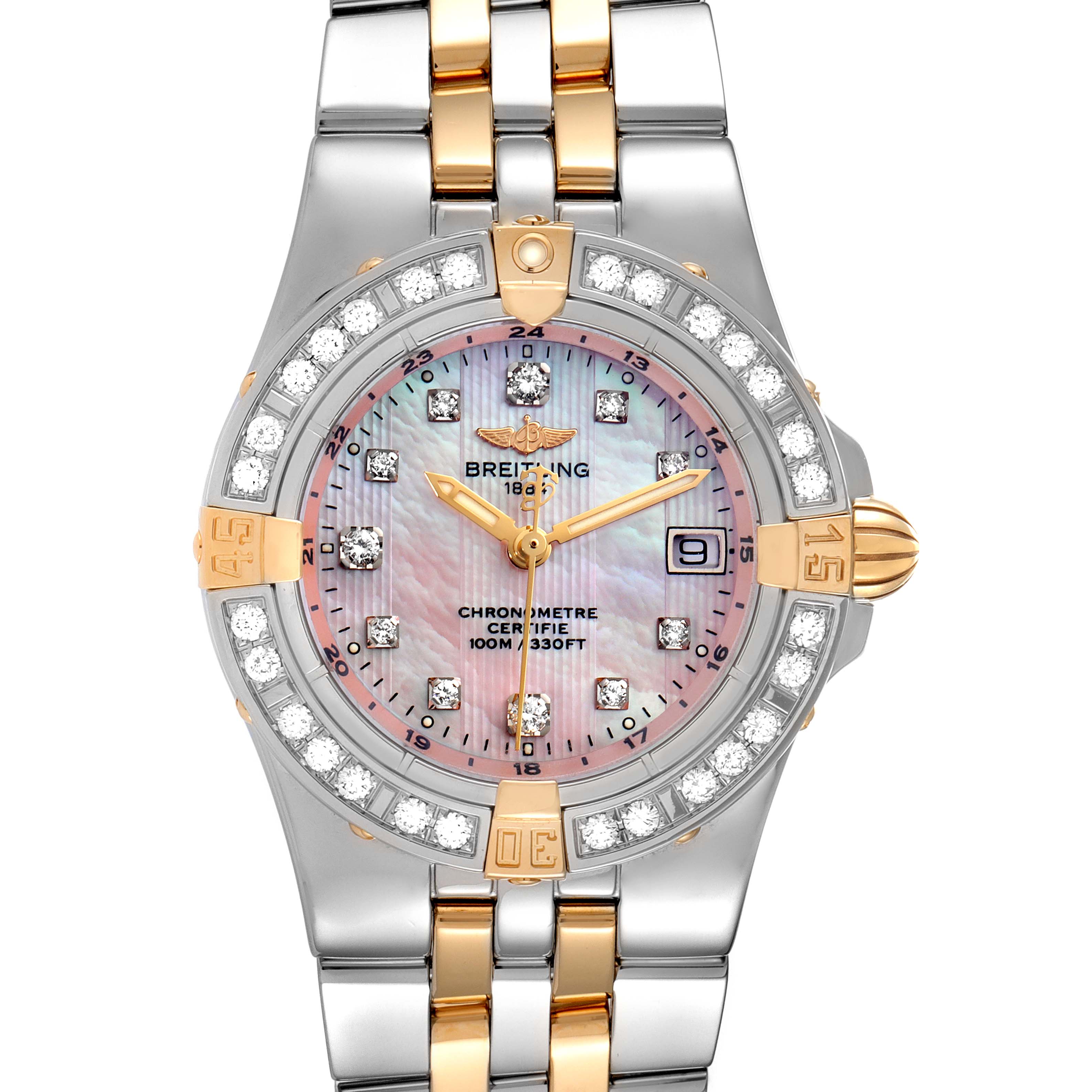 This image shows a front view of the Breitling B71340 Women's Steel and Gold (two tone) Mother of Pearl Dial B71340 Women's Steel and Gold (two tone) Mother of Pearl Dial Starliner Steel Yellow Gold MOP Diamond Ladies Watch B71340.