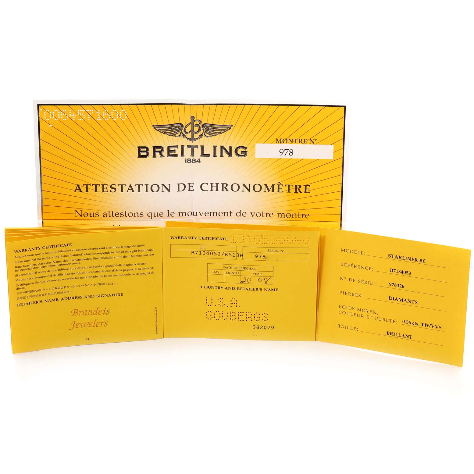 The image shows the box and papers for a Breitling B71340 Women's Steel and Gold (two tone) Mother of Pearl Dial B71340 Women's Steel and Gold (two tone) Mother of Pearl Dial Starliner Steel Yellow Gold MOP Diamond Ladies Watch, model B71340.