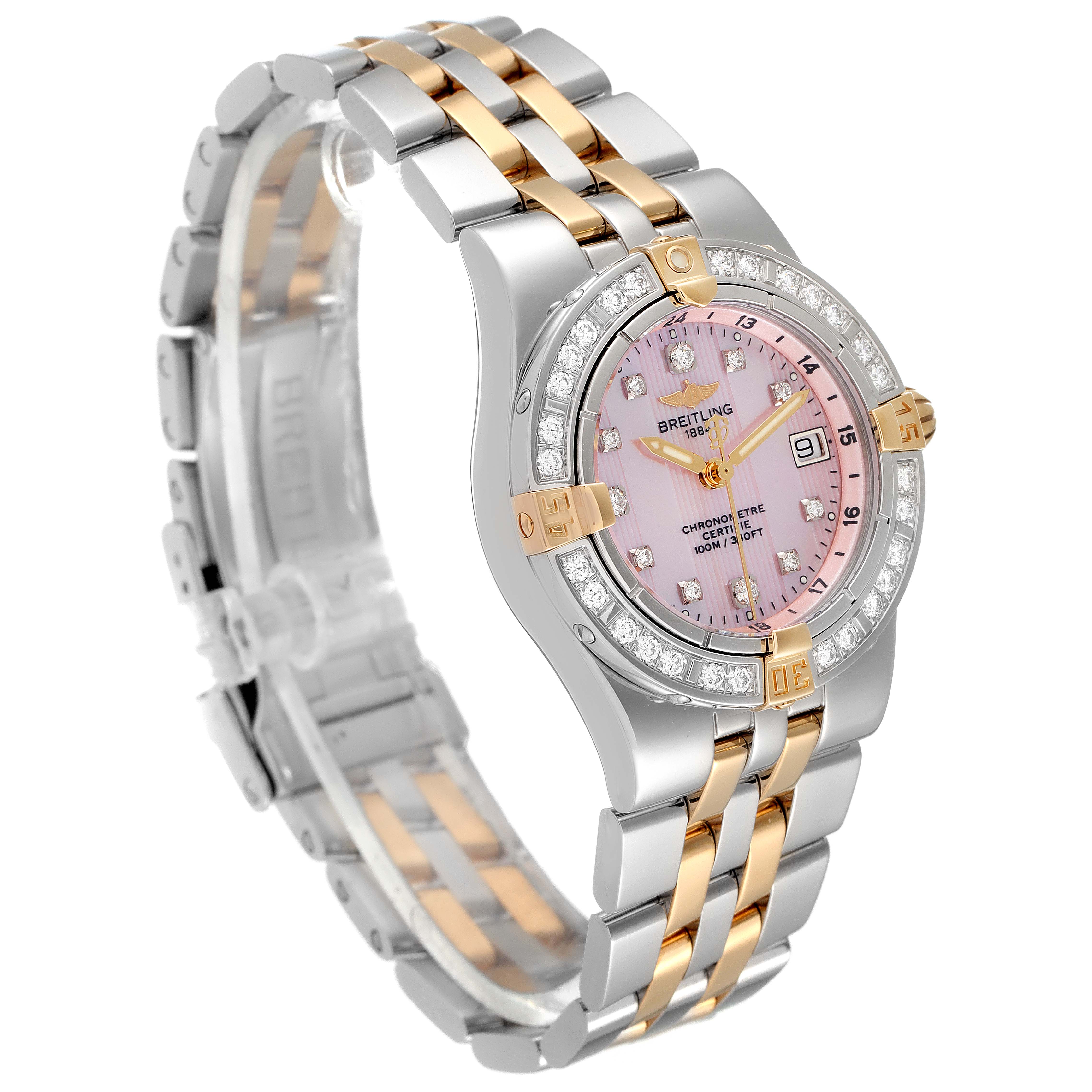 The image shows a Breitling B71340 Women's Steel and Gold (two tone) Mother of Pearl Dial B71340 Women's Steel and Gold (two tone) Mother of Pearl Dial Starliner Steel Yellow Gold MOP Diamond Ladies Watch B71340, viewed from an angle highlighting the face and bracelet.