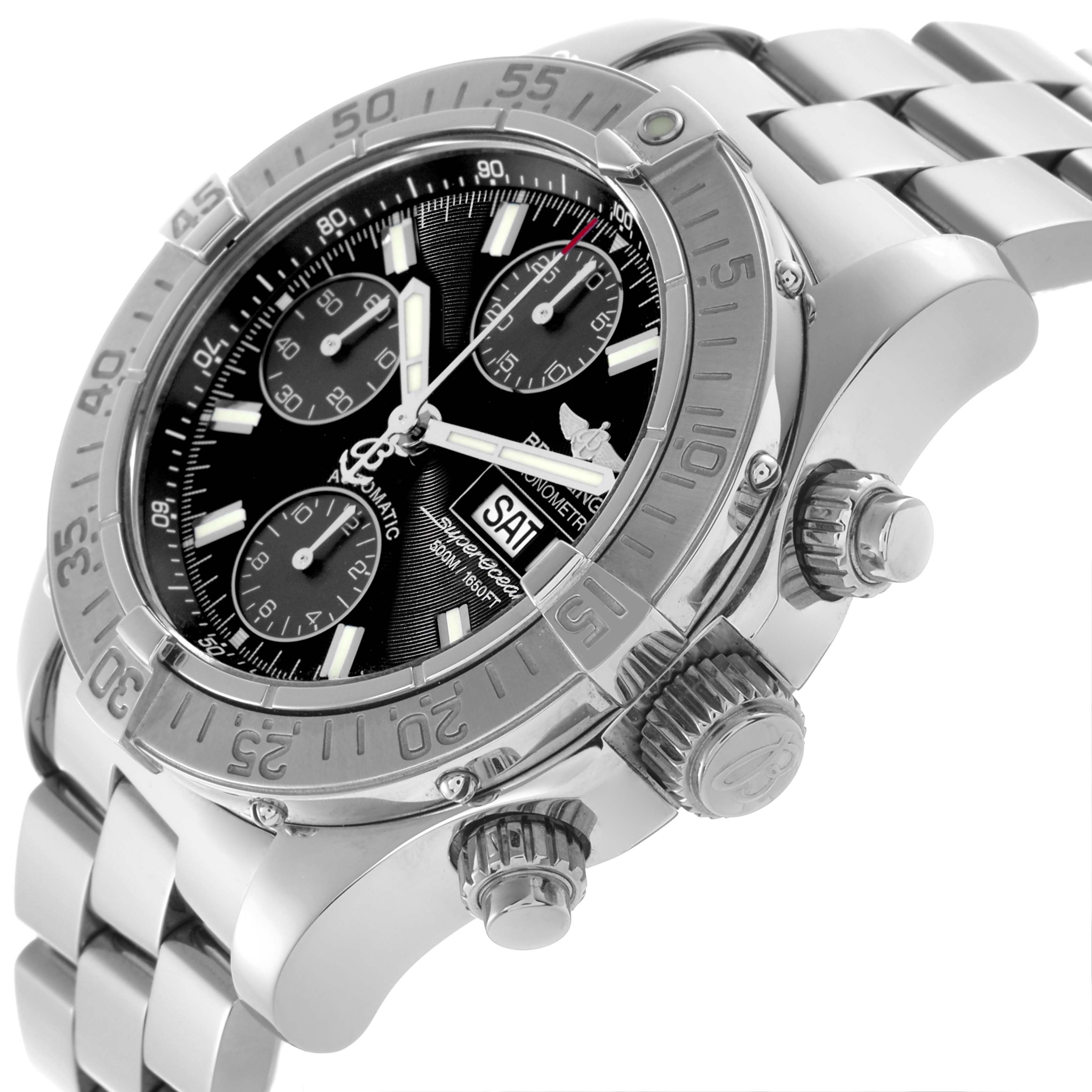 The Breitling Superocean A13340 Men's Stainless Steel Black Dial A13340 Men's Stainless Steel Black Dial watch is shown at a three-quarter angle, highlighting the bezel, dial, crown, and metal bracelet.