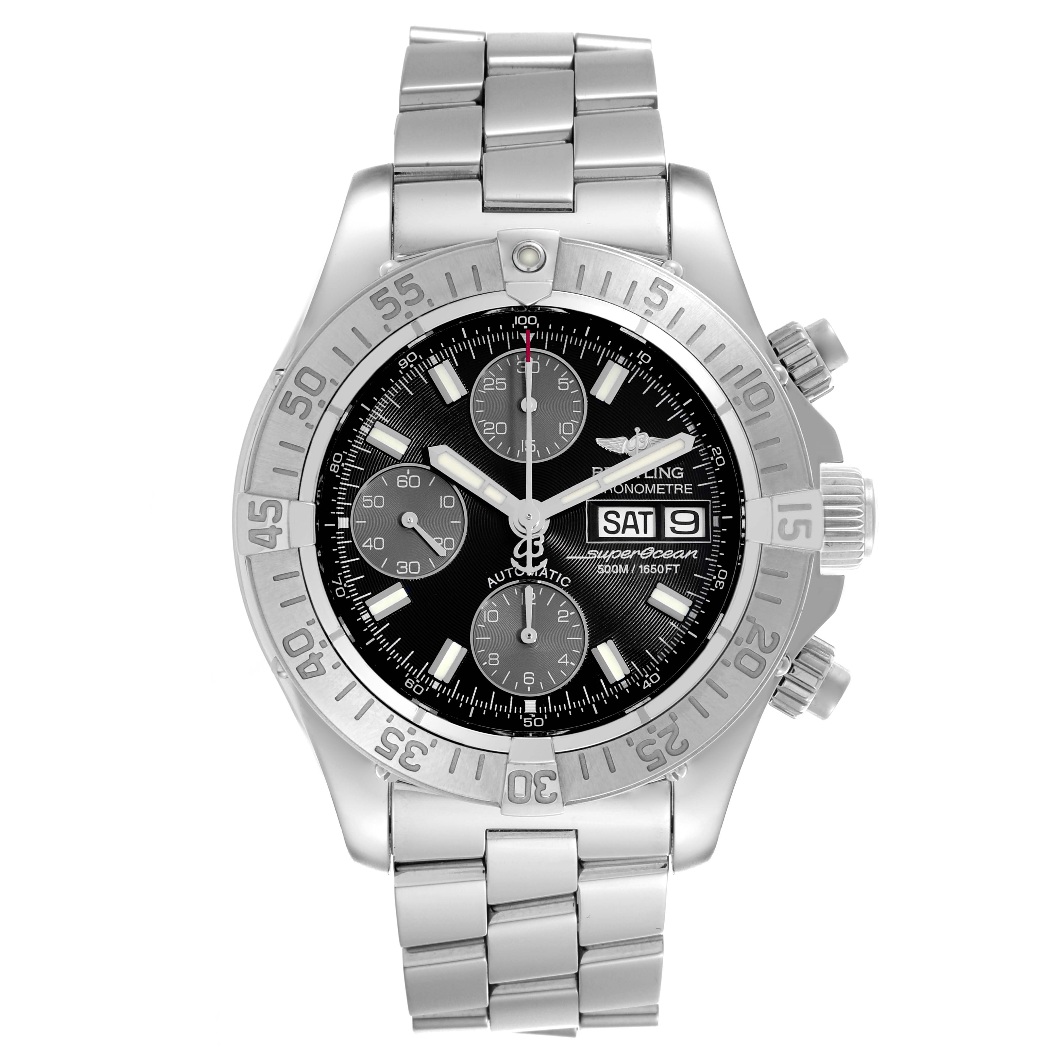 The Breitling Superocean A13340 Men's Stainless Steel Black Dial A13340 Men's Stainless Steel Black Dial watch is shown from the front, featuring its bezel, dial, subdials, and metal bracelet.