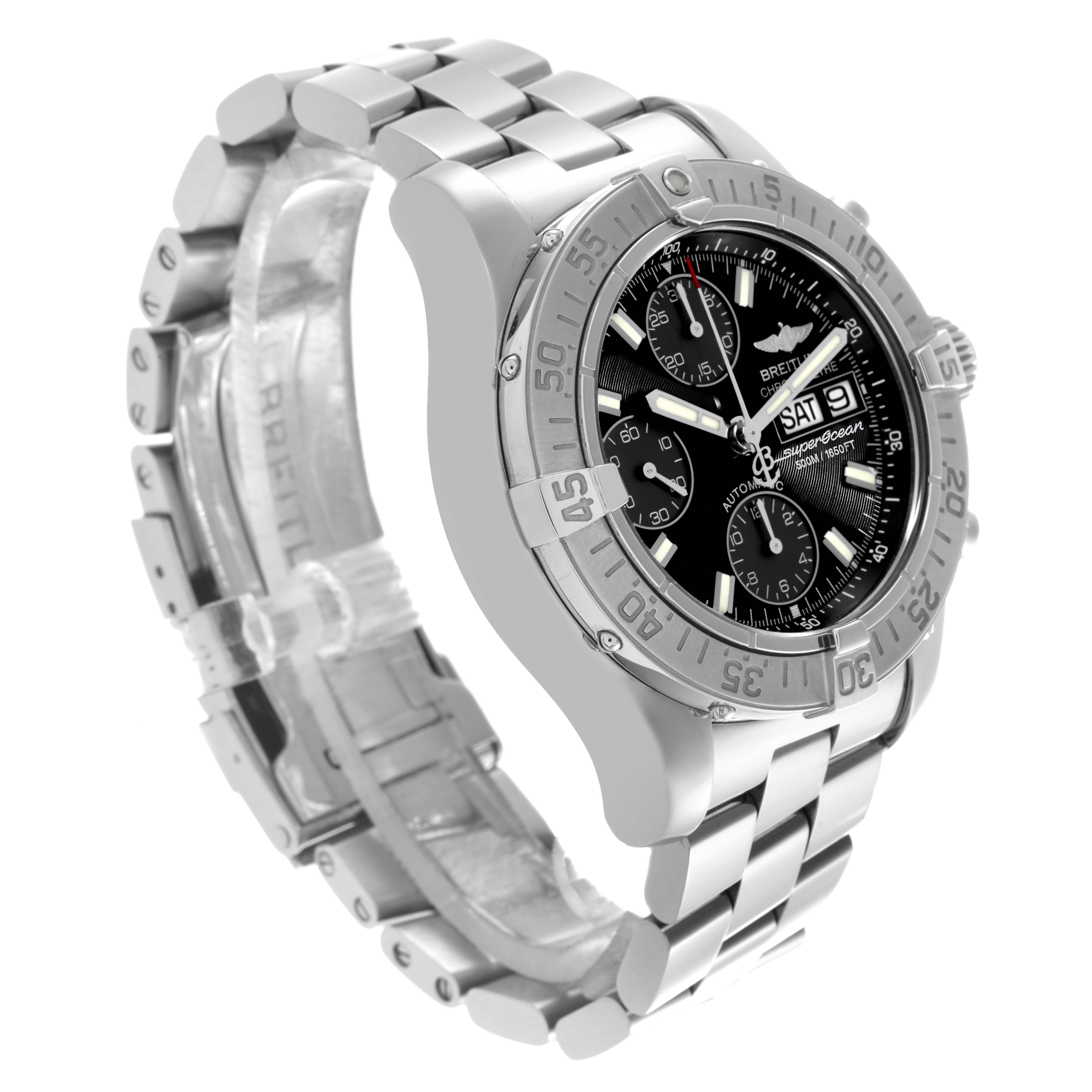 The Breitling Superocean A13340 Men's Stainless Steel Black Dial A13340 Men's Stainless Steel Black Dial watch is shown at an angled side view, highlighting its bezel, dial details, and metal bracelet.