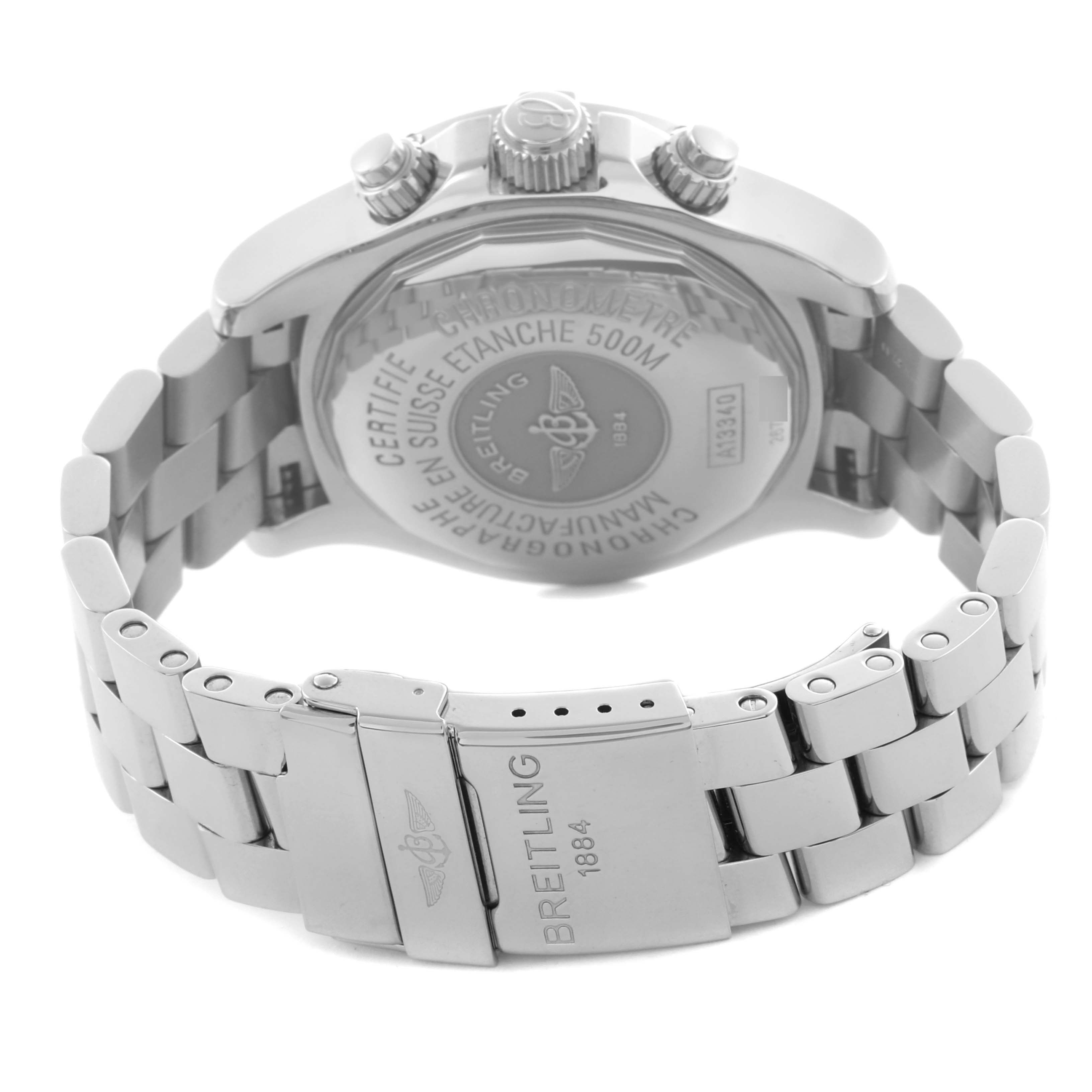 The image shows the back view of the Breitling Superocean A13340 Men's Stainless Steel Black Dial A13340 Men's Stainless Steel Black Dial watch, highlighting the caseback and bracelet clasp.