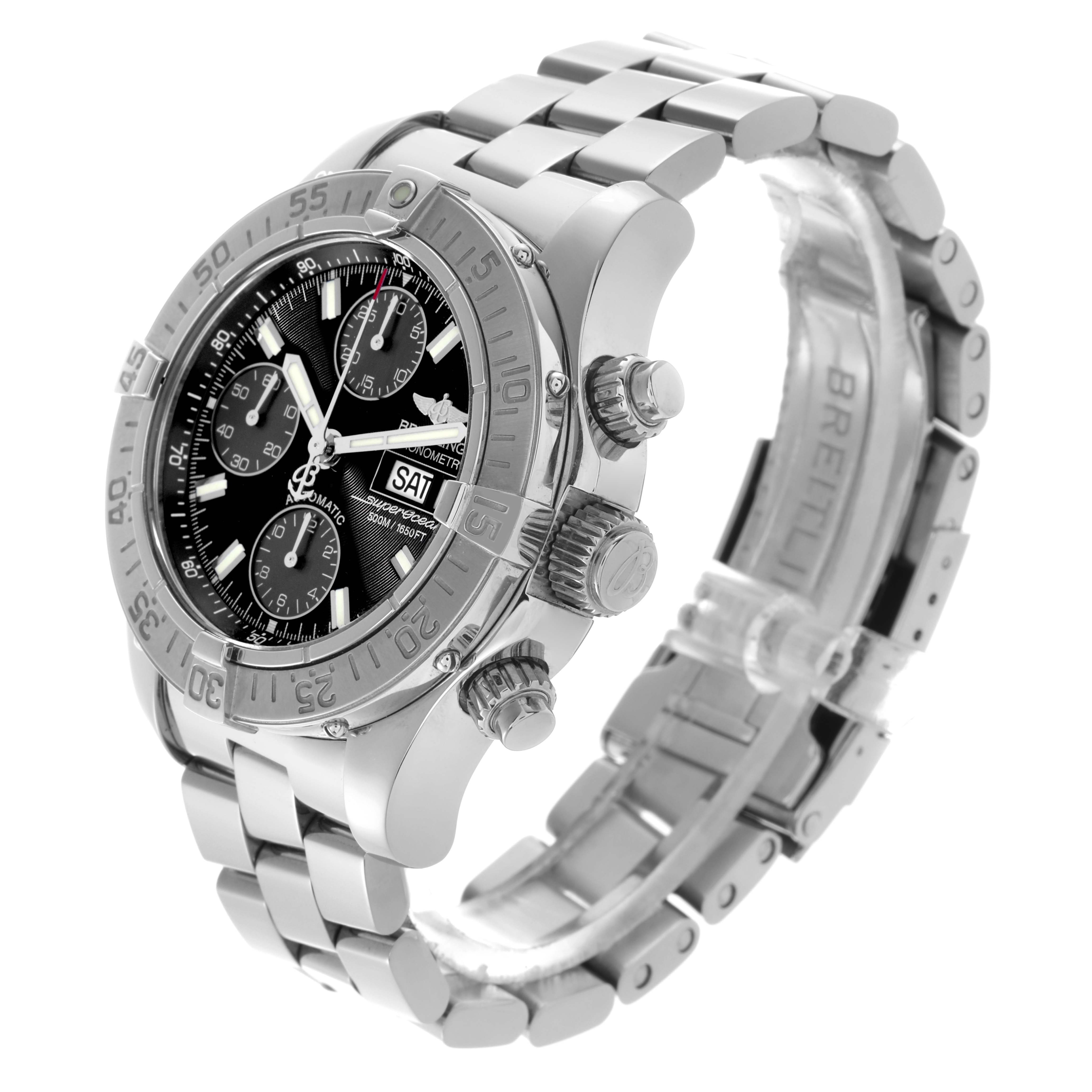 This Breitling Superocean A13340 Men's Stainless Steel Black Dial A13340 Men's Stainless Steel Black Dial watch is shown at a three-quarter angle, displaying the face, bezel, chronograph subdials, and bracelet.