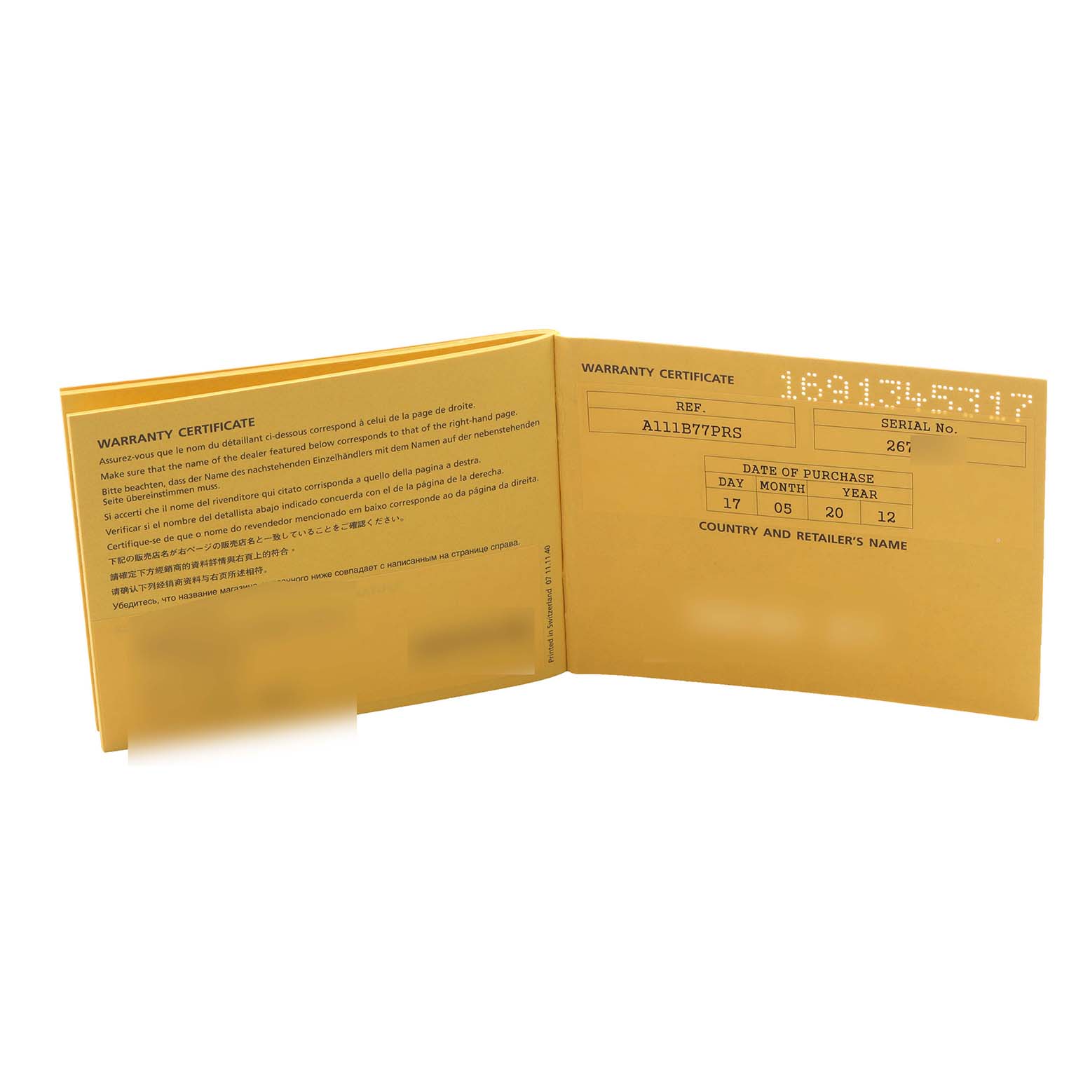 The image shows a warranty certificate for a Breitling Superocean A13340 Men's Stainless Steel Black Dial A13340 Men's Stainless Steel Black Dial watch, featuring text and purchase details.