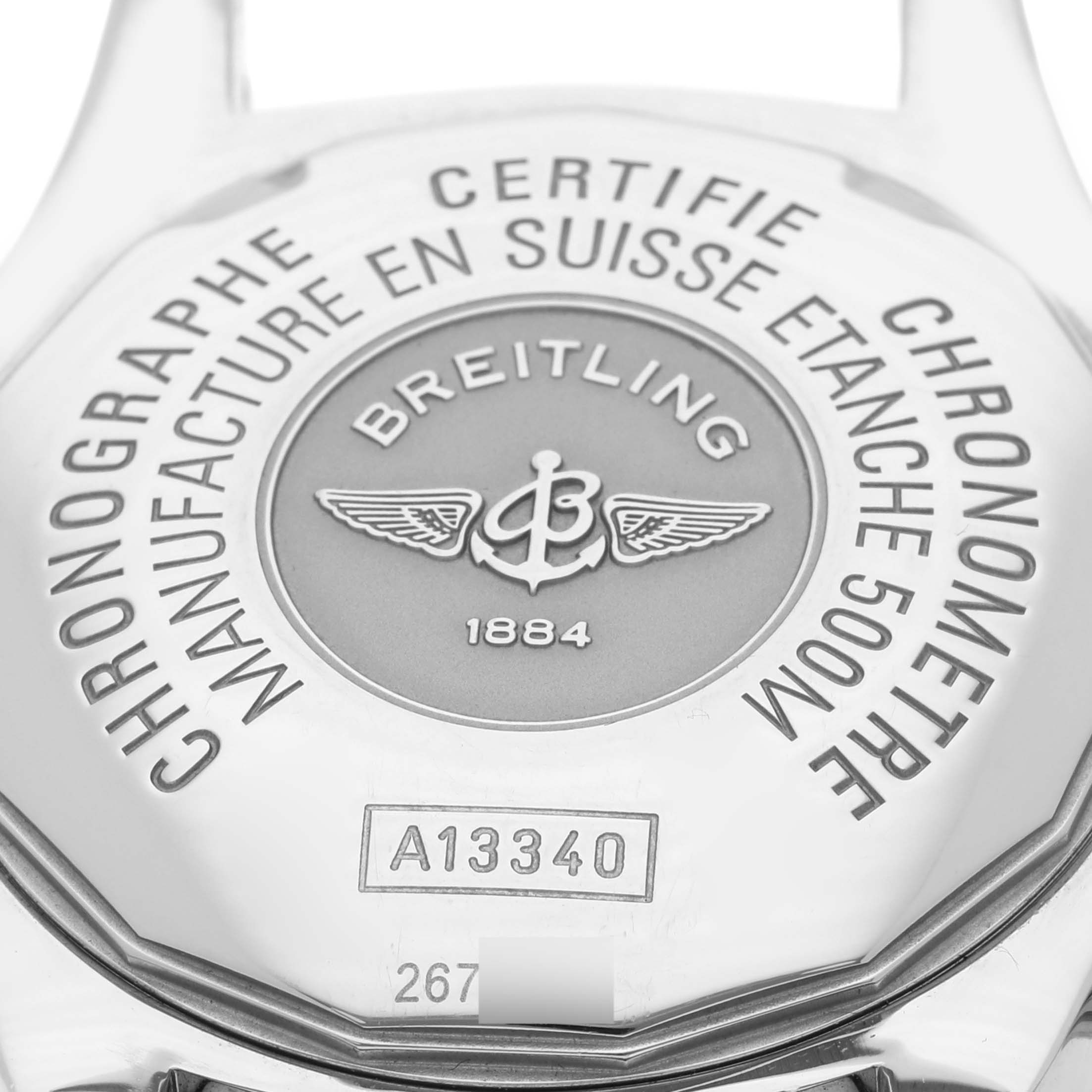 The image shows the case back of a Breitling Superocean A13340 Men's Stainless Steel Black Dial A13340 Men's Stainless Steel Black Dial watch, featuring engraved details and the model number.