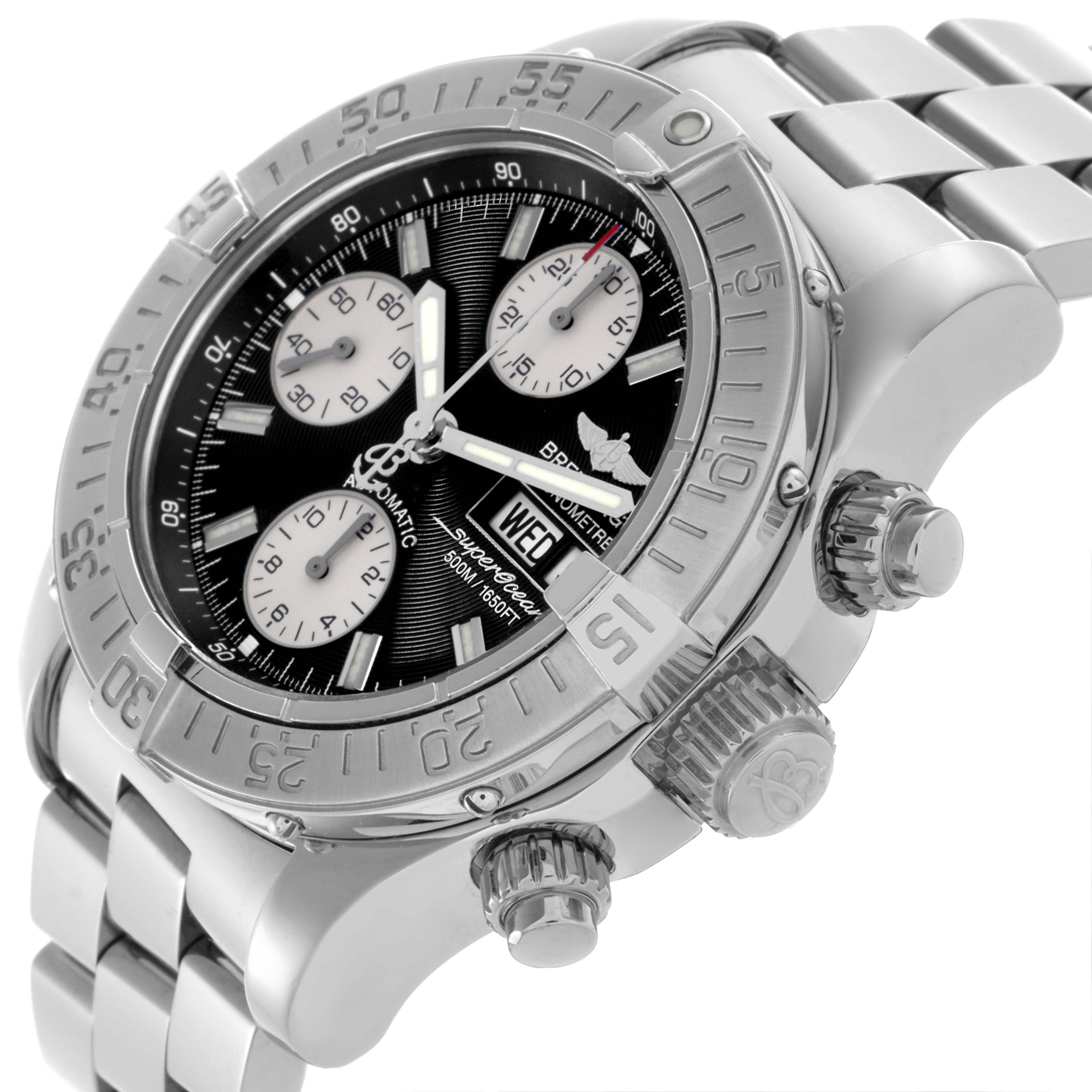The Breitling Superocean A13340 Men's Stainless Steel Black Dial A13340 Men's Stainless Steel Black Dial watch is shown from a three-quarter angle, displaying the dial, bezel, pushers, and bracelet.