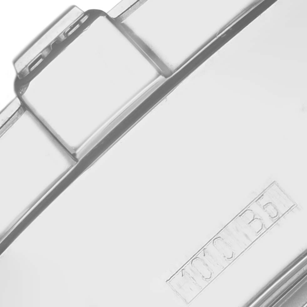 The image shows a close-up of the clasp and part of the strap of a Breitling Superocean A13340 Men's Stainless Steel Black Dial A13340 Men's Stainless Steel Black Dial watch, focusing on its engraved details.