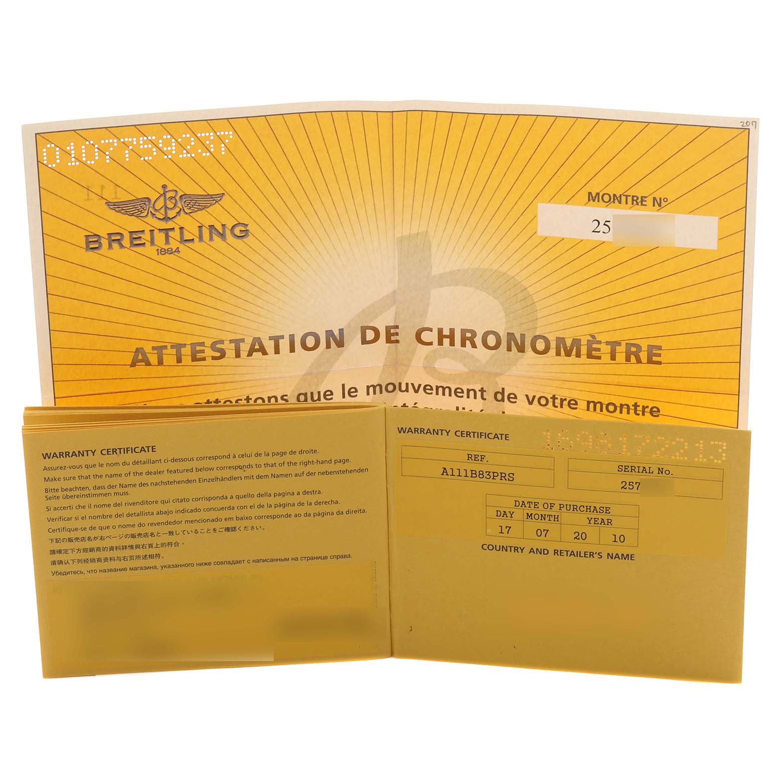 The image shows warranty certificates for the Breitling Superocean A13340 Men's Stainless Steel Black Dial A13340 Men's Stainless Steel Black Dial, featuring the brand name prominently.