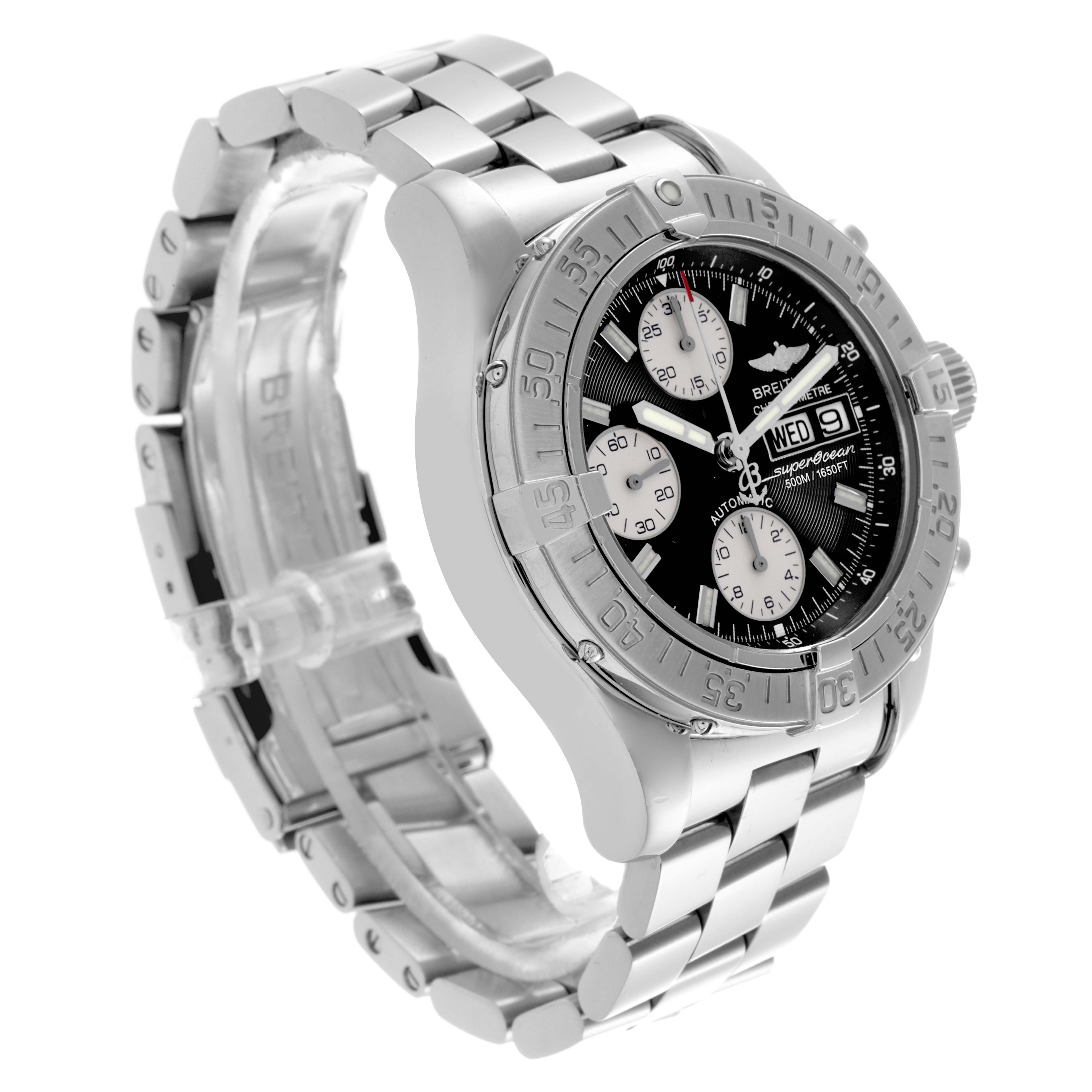 The Breitling Superocean A13340 Men's Stainless Steel Black Dial A13340 Men's Stainless Steel Black Dial watch is shown at a three-quarter angle, highlighting the dial, bezel, and metal bracelet.