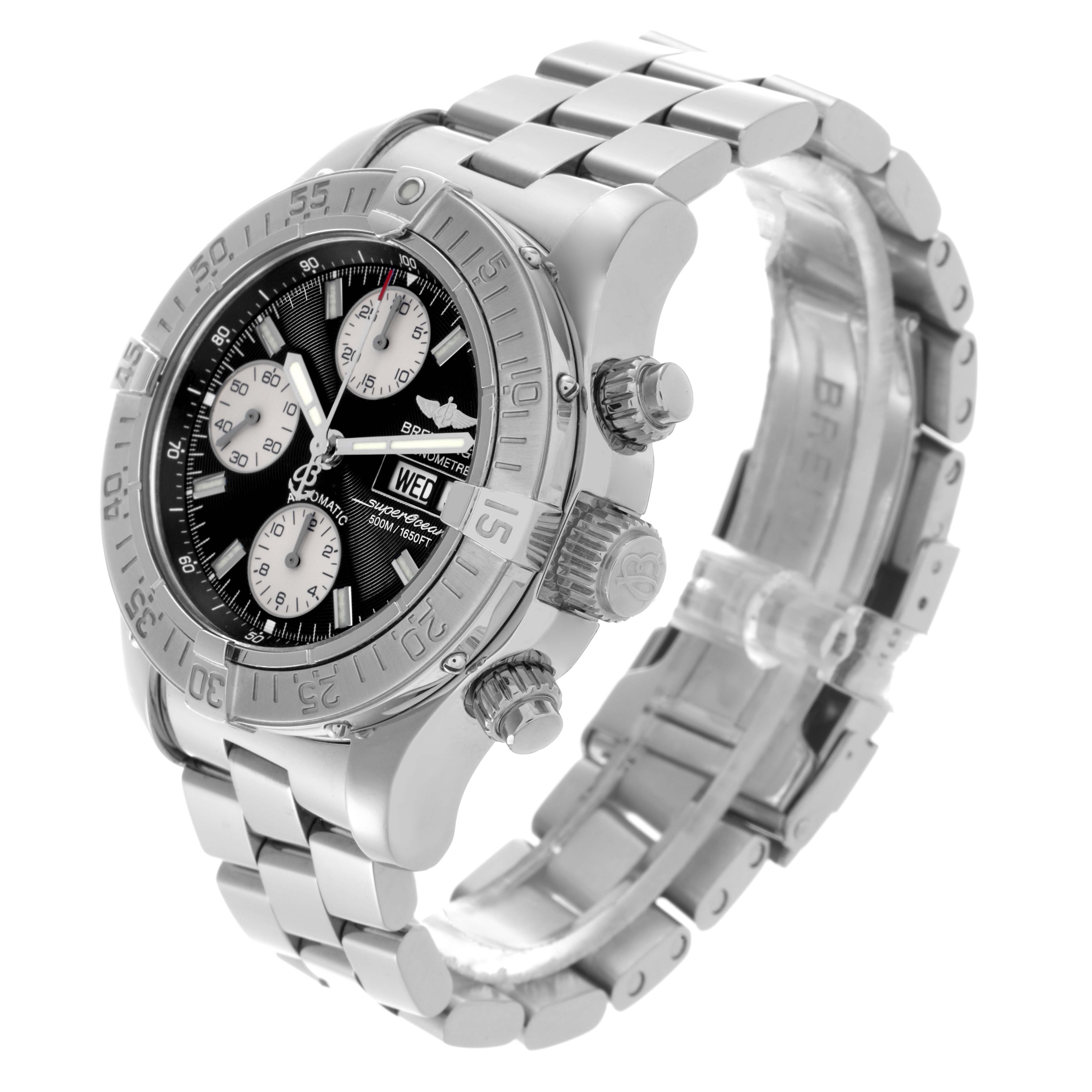 The Breitling Superocean A13340 Men's Stainless Steel Black Dial A13340 Men's Stainless Steel Black Dial watch is shown at a three-quarter angle, highlighting the bezel, face, crown, pushers, and stainless steel bracelet.