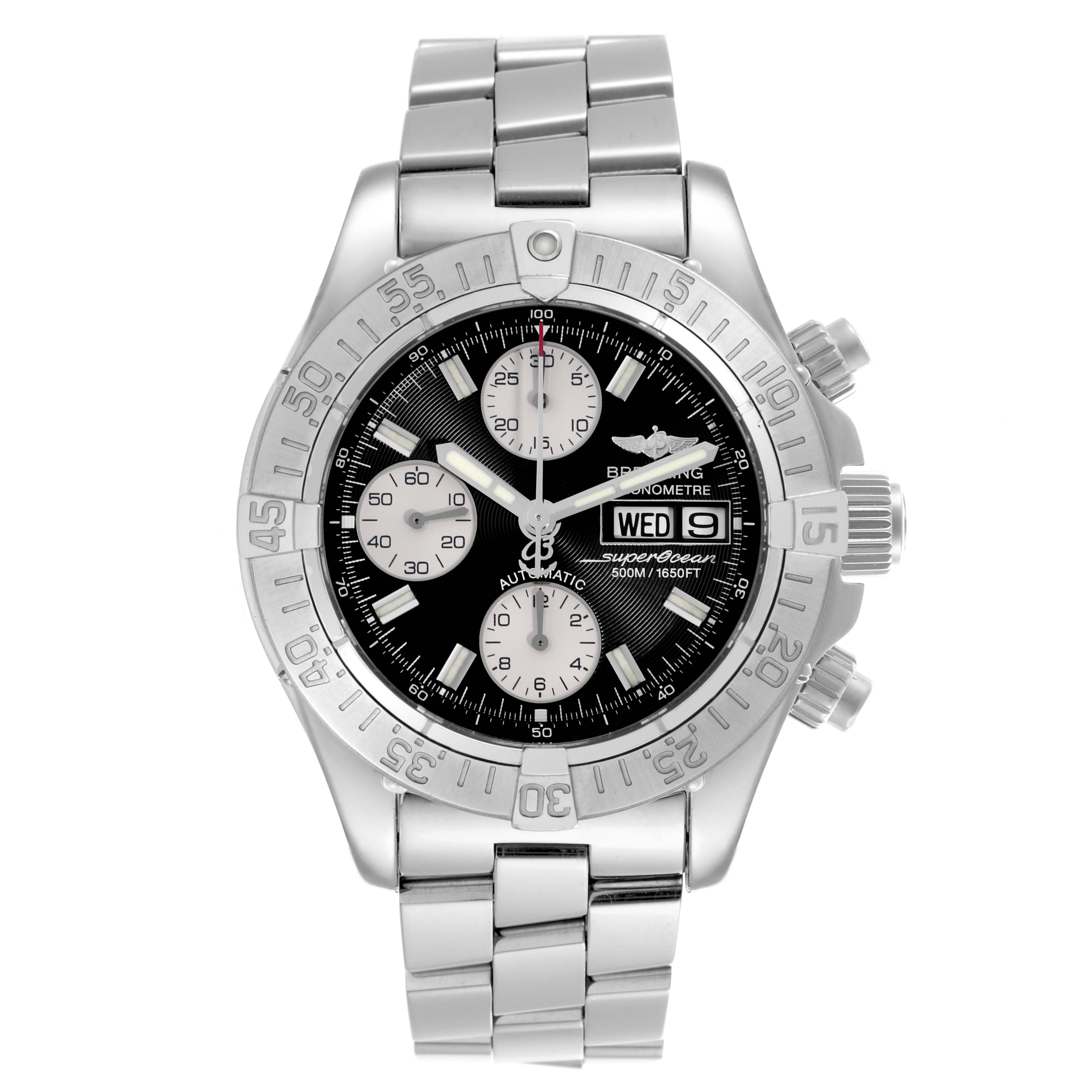 The Breitling Superocean A13340 Men's Stainless Steel Black Dial A13340 Men's Stainless Steel Black Dial watch is shown from a front view, displaying its bezel, dial, subdials, and bracelet.