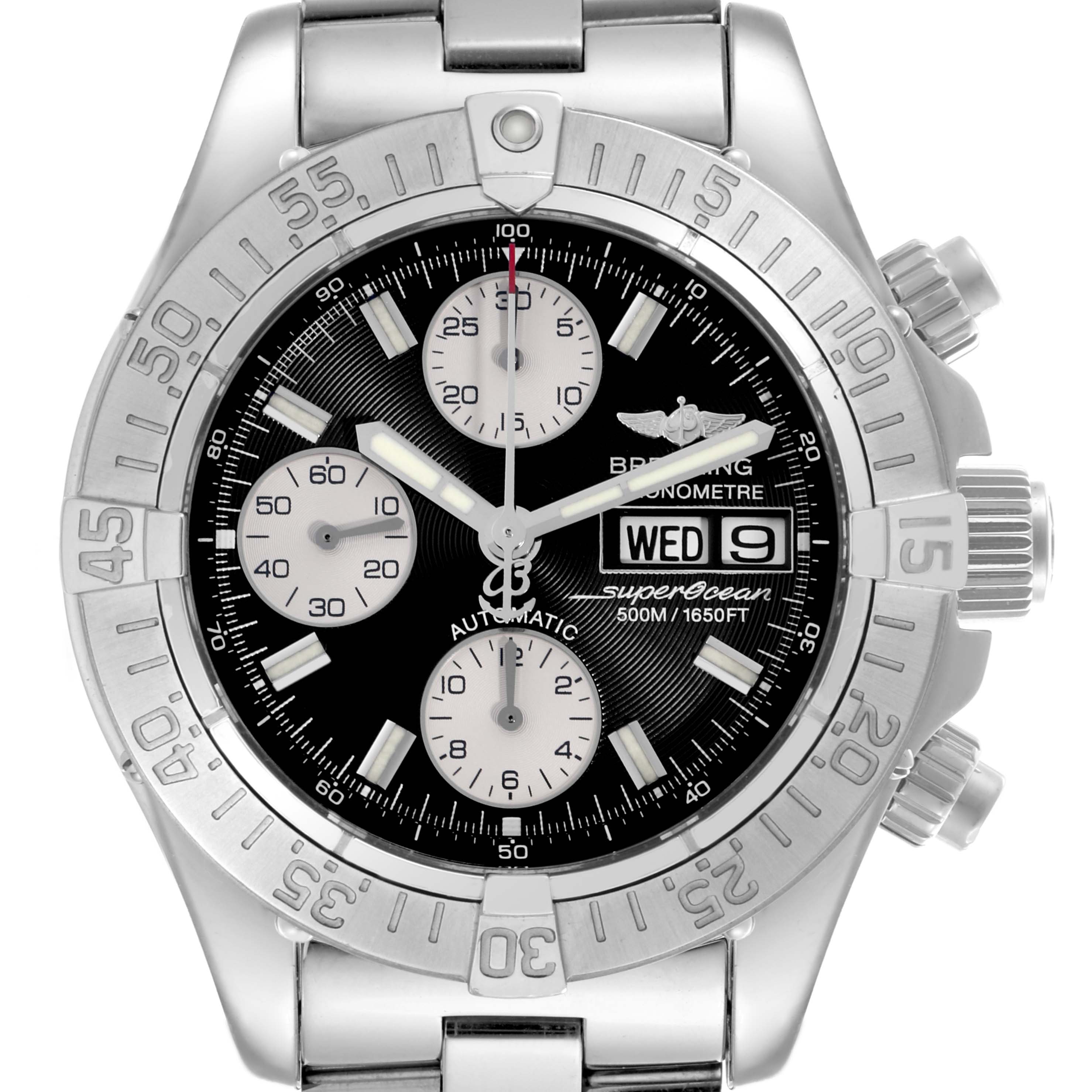 The Breitling Superocean A13340 Men's Stainless Steel Black Dial A13340 Men's Stainless Steel Black Dial watch is shown from a front angle, displaying its bezel, dial, and chronograph subdials clearly.