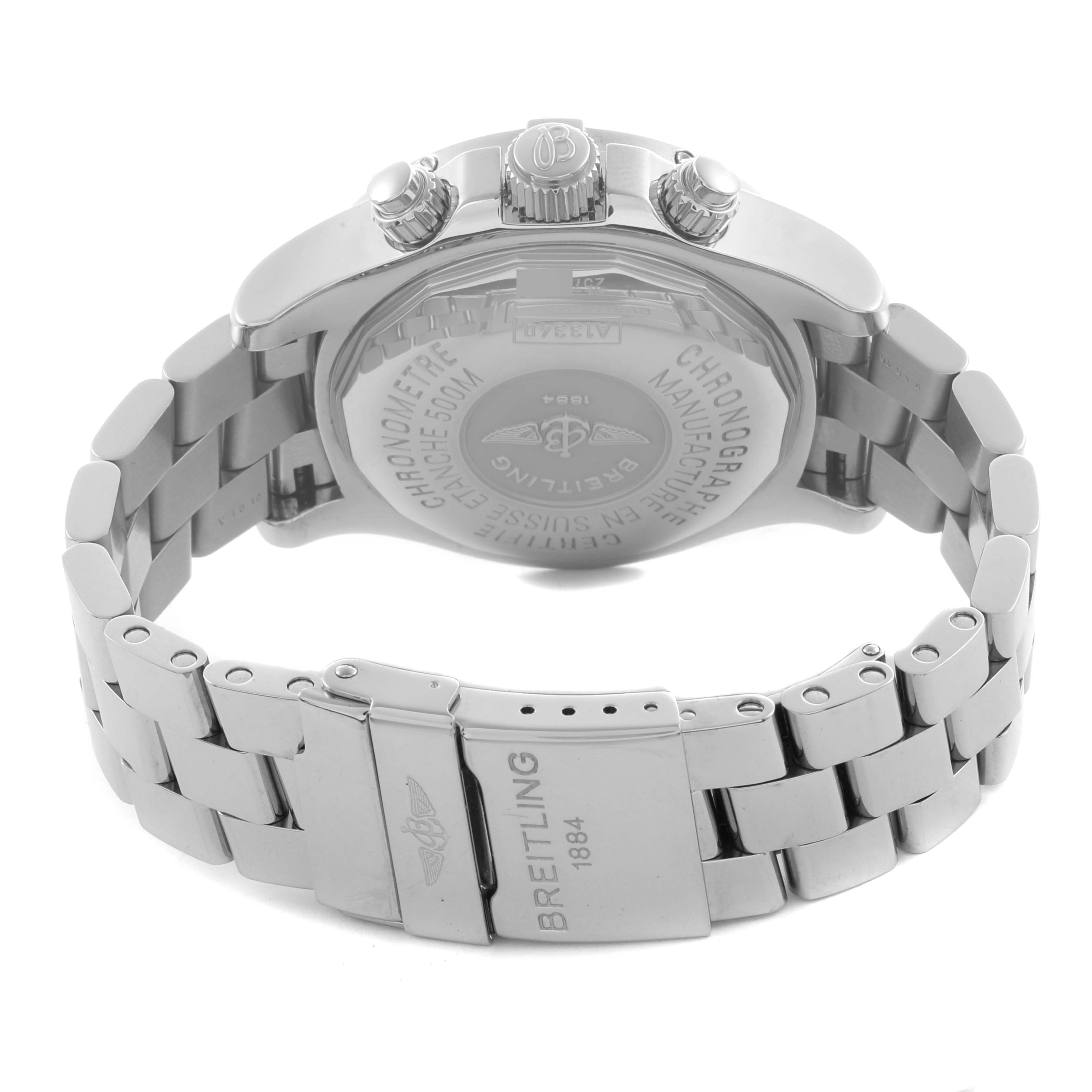 The image shows the back and side of the Breitling Superocean A13340 Men's Stainless Steel Black Dial A13340 Men's Stainless Steel Black Dial watch, highlighting the clasp, case back, and side control buttons.