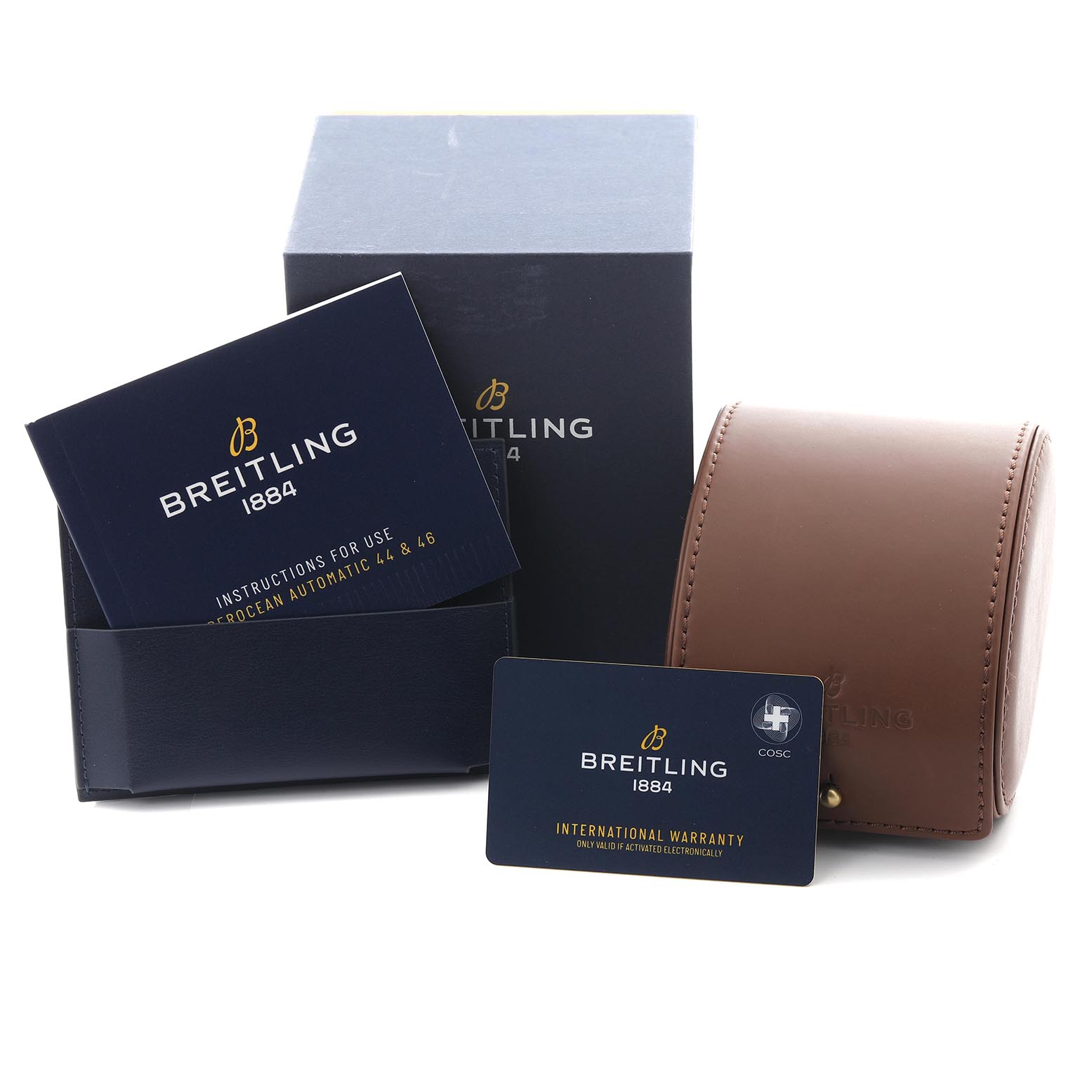The image shows Breitling Superocean U17368 Men's Steel and Gold (two tone) Black Dial U17368 Men's Steel and Gold (two tone) Black Dial accessories: a box, manual, warranty card, and a leather watch case, viewed from the front.