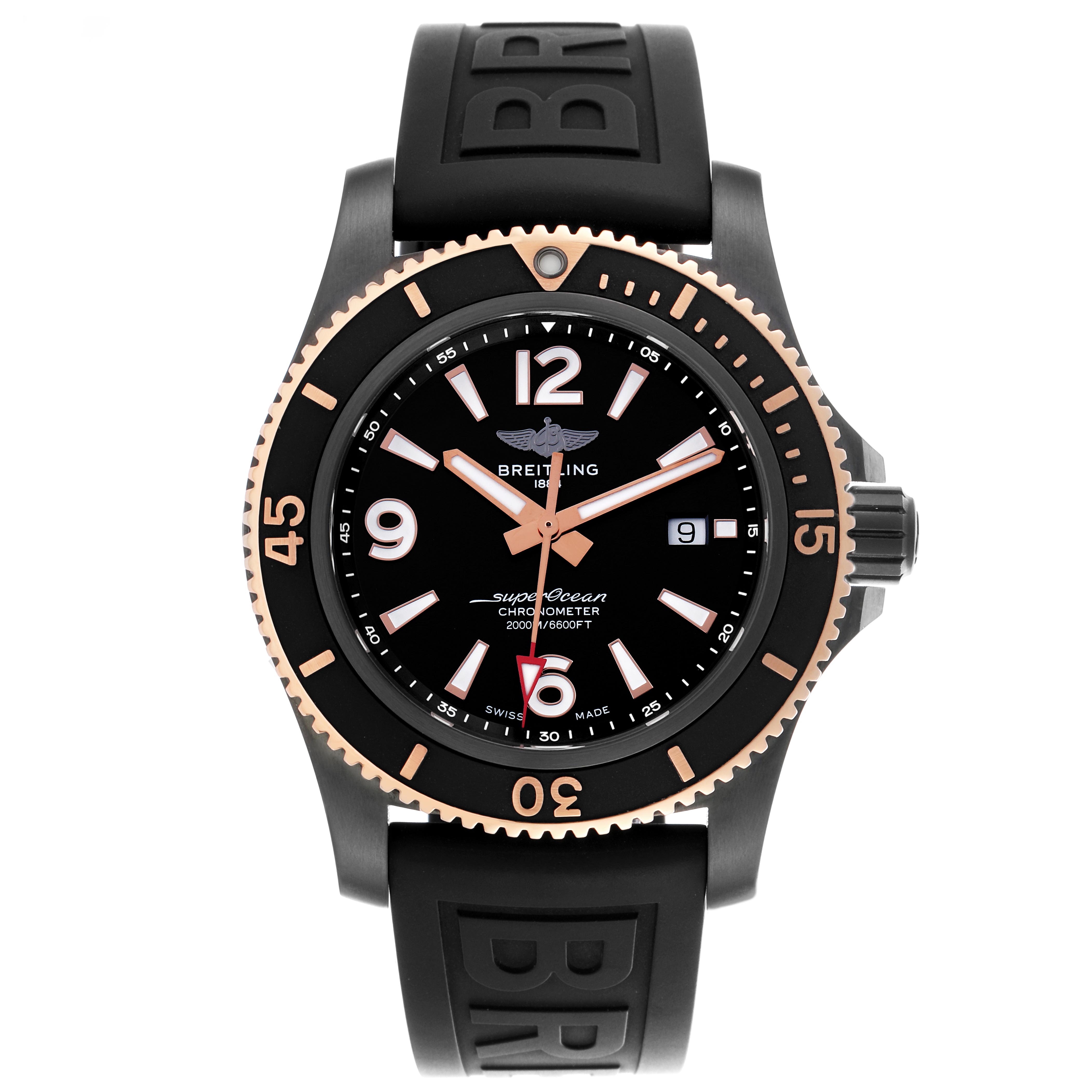 The Breitling Superocean U17368 Men's Steel and Gold (two tone) Black Dial U17368 Men's Steel and Gold (two tone) Black Dial watch is shown from a front angle, highlighting the face, bezel, and strap.