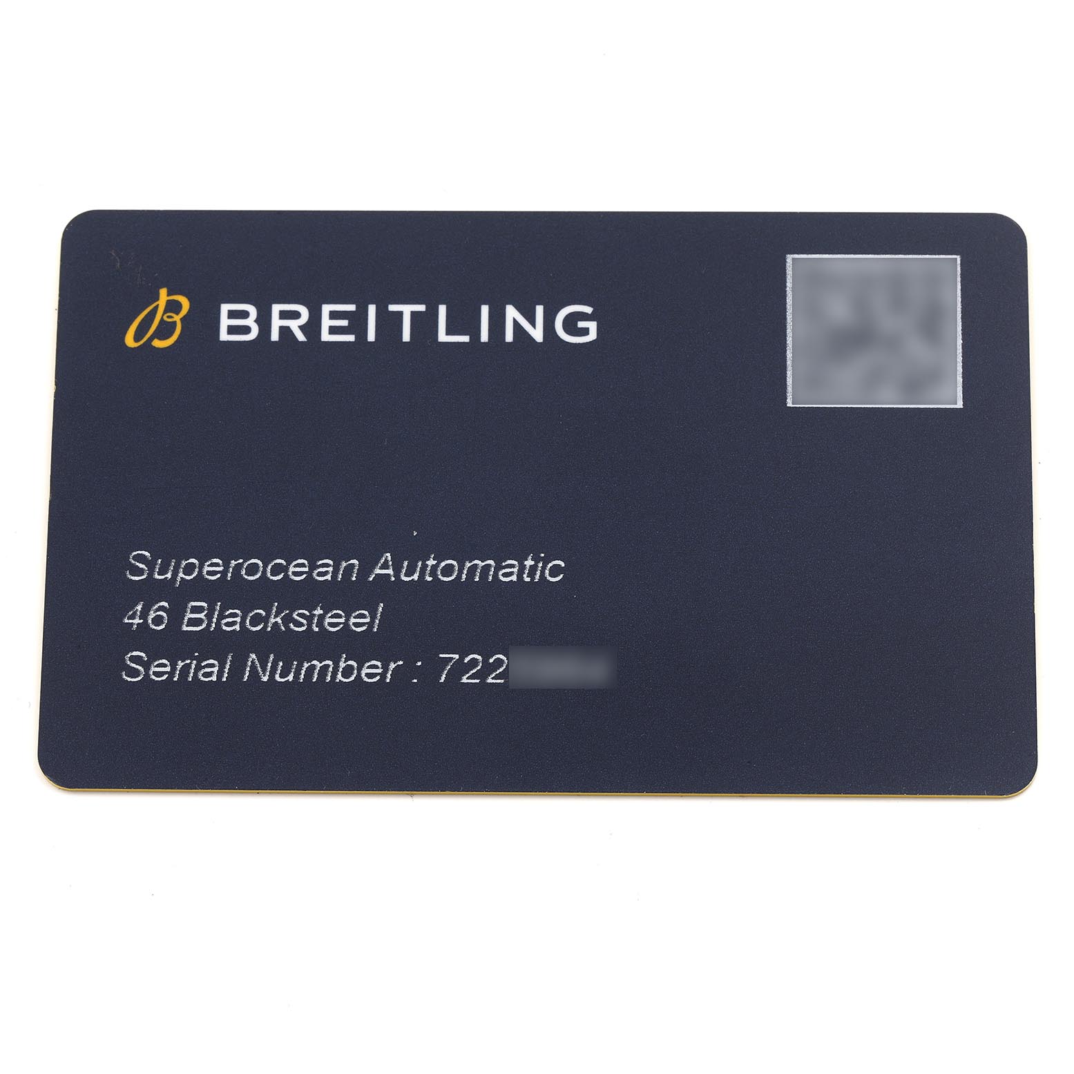 The image shows a card for the Breitling Superocean U17368 Men's Steel and Gold (two tone) Black Dial U17368 Men's Steel and Gold (two tone) Black Dial Automatic 46 Blacksteel watch, listing its serial number.