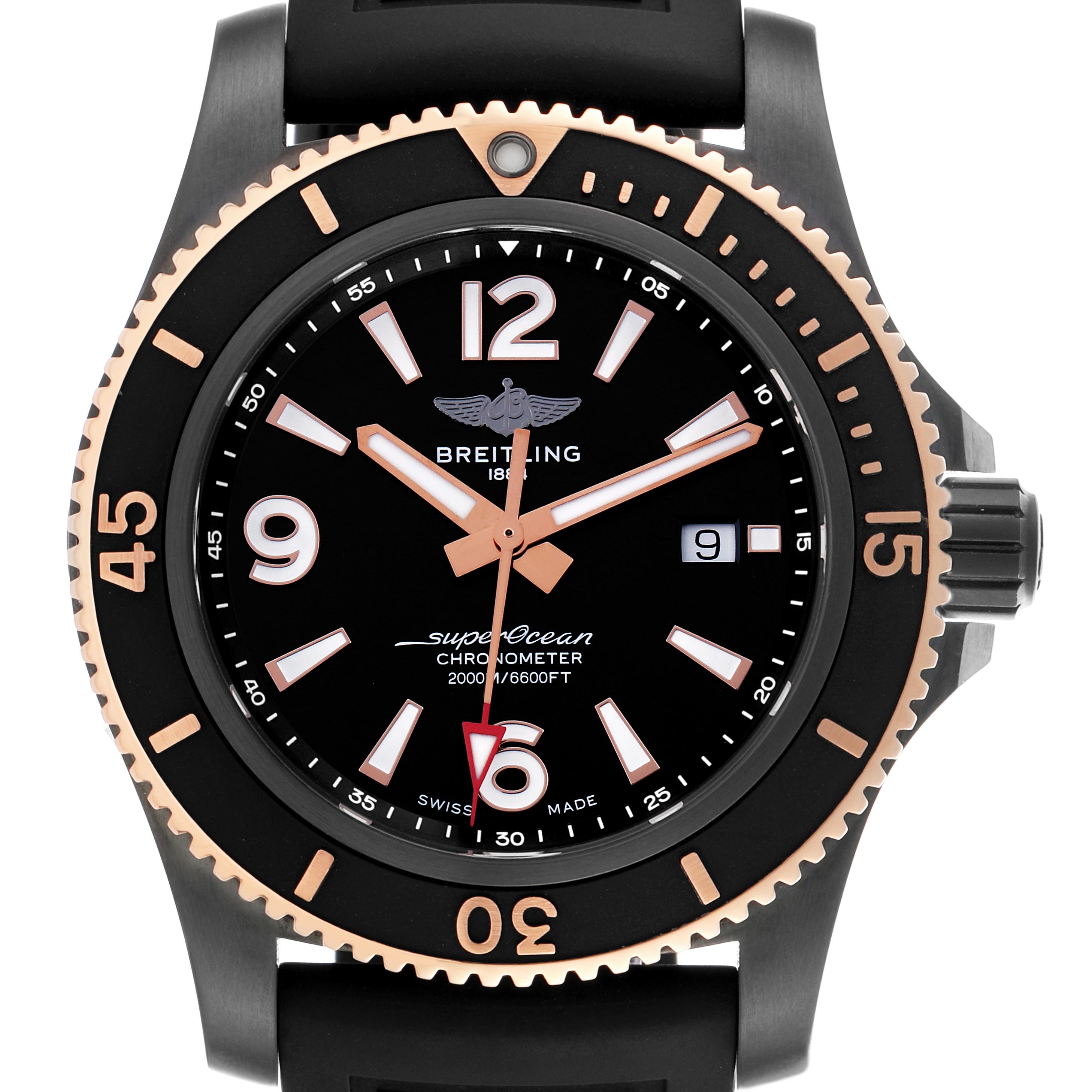 The Breitling Superocean U17368 Men's Steel and Gold (two tone) Black Dial U17368 Men's Steel and Gold (two tone) Black Dial watch is shown from a frontal view, displaying the face, bezel, crown, and part of the strap.