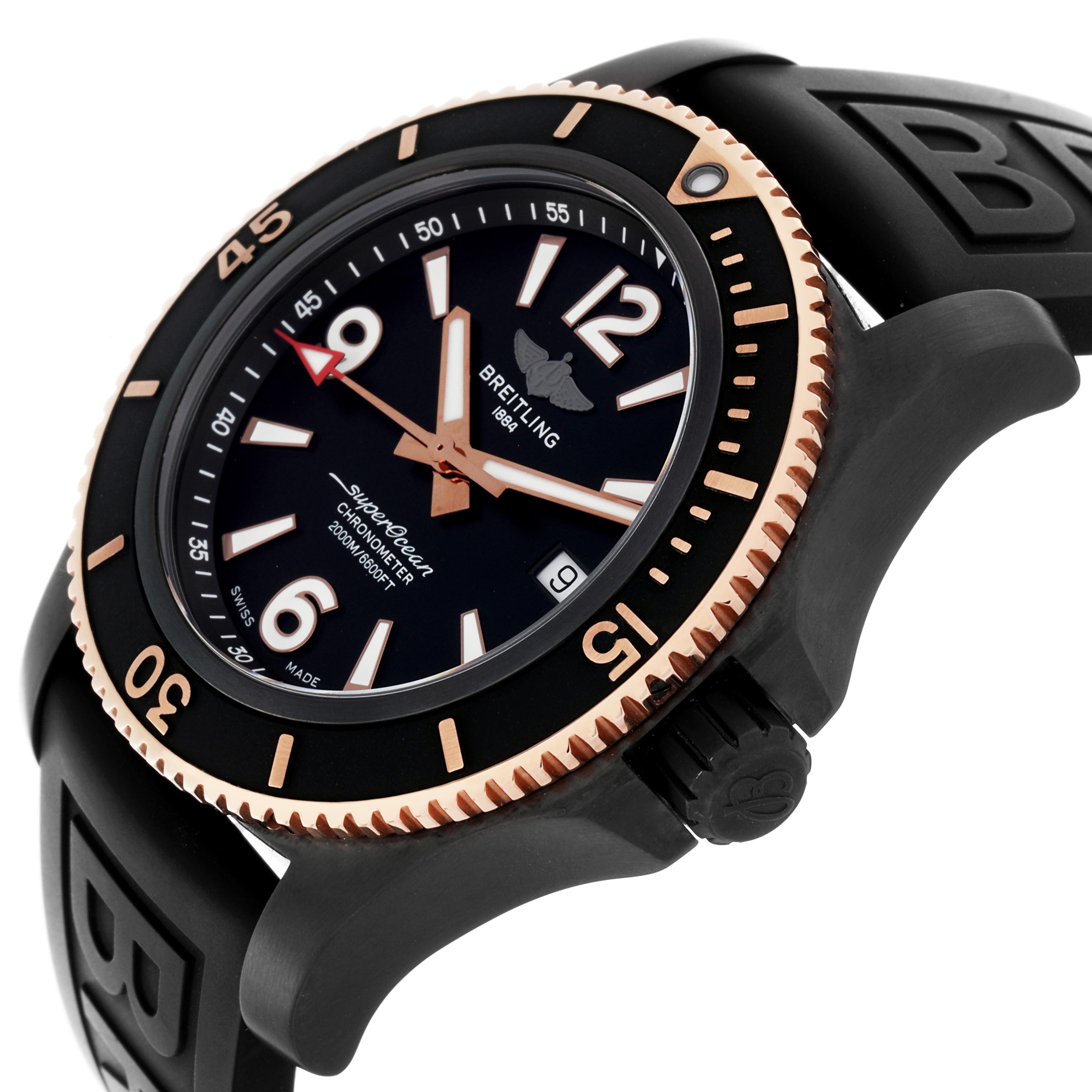 The Breitling Superocean U17368 Men's Steel and Gold (two tone) Black Dial U17368 Men's Steel and Gold (two tone) Black Dial watch is shown from a side angle, displaying the bezel, dial, crown, and strap.