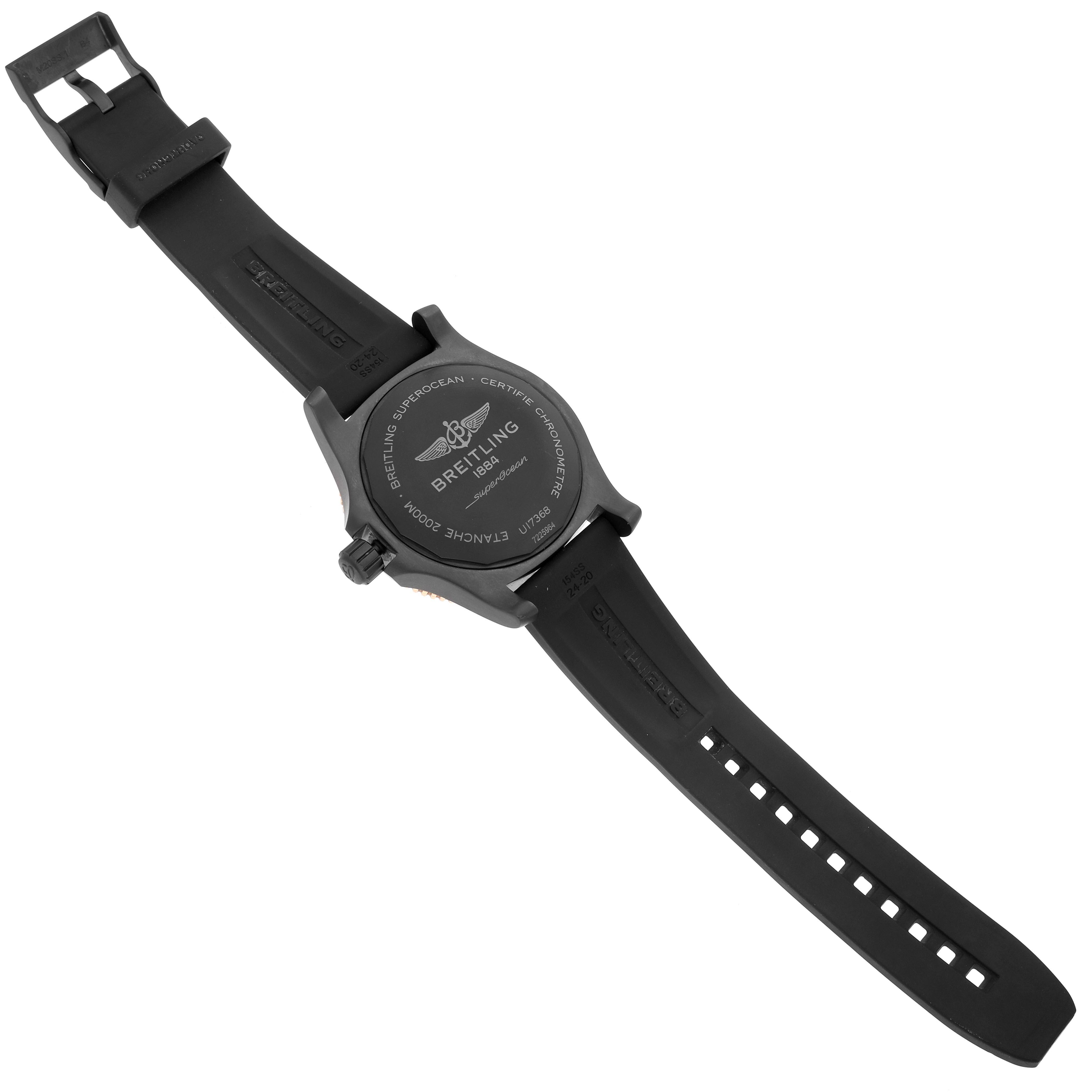 The Breitling Superocean U17368 Men's Steel and Gold (two tone) Black Dial U17368 Men's Steel and Gold (two tone) Black Dial watch is shown from the back, displaying the case back and full rubber strap.