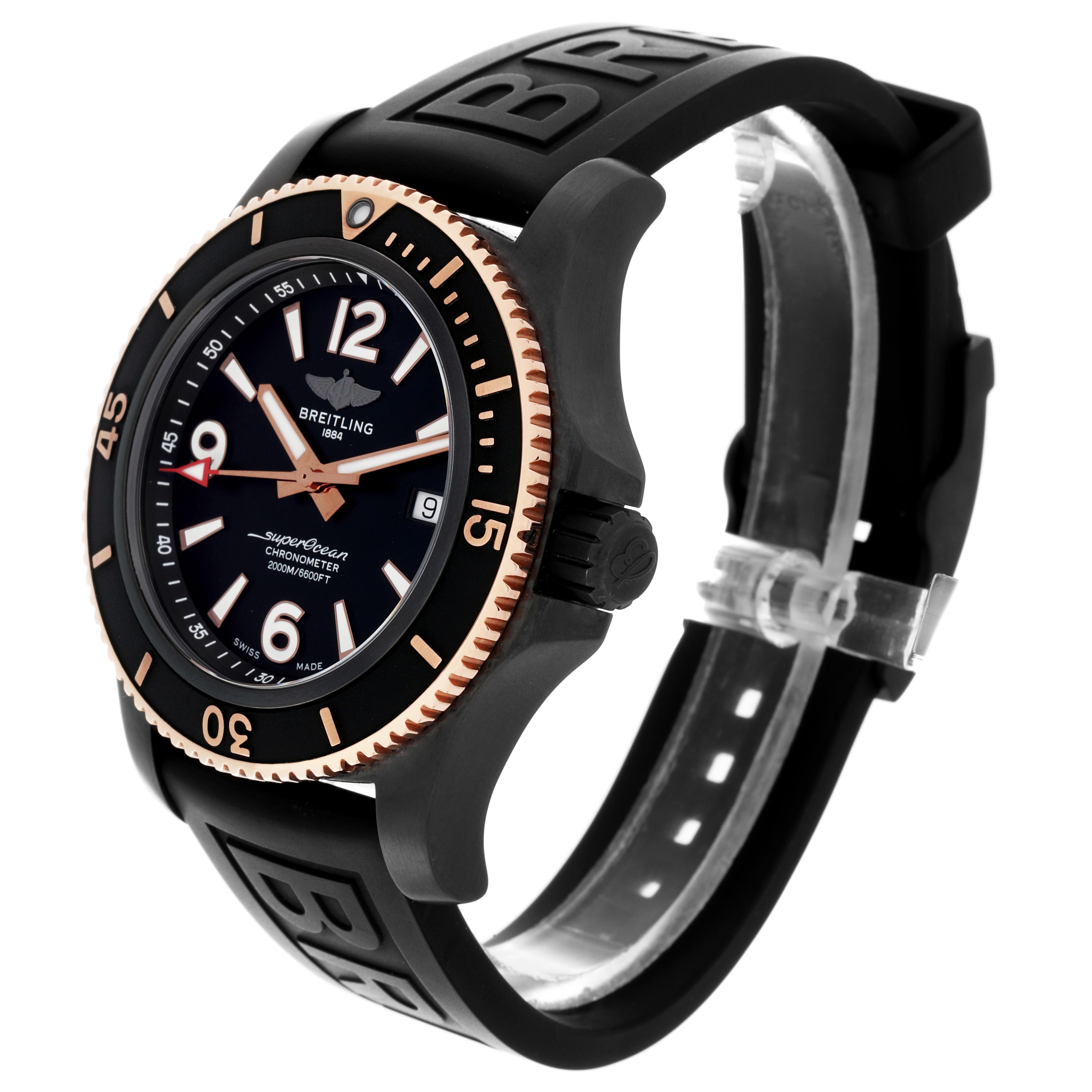 The Breitling Superocean U17368 Men's Steel and Gold (two tone) Black Dial U17368 Men's Steel and Gold (two tone) Black Dial watch is shown at a three-quarter angle, highlighting the face, bezel, and rubber strap.
