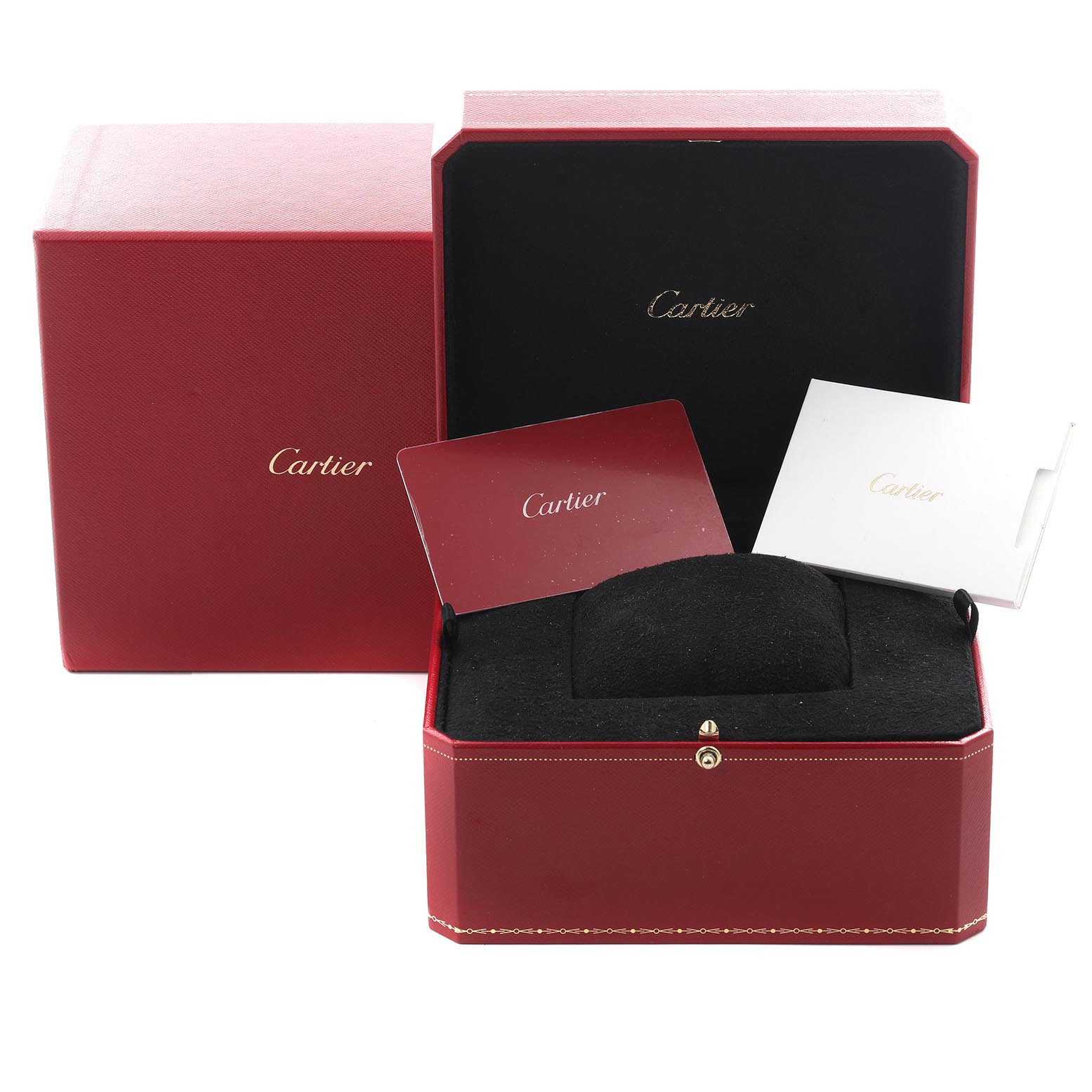 The image shows the packaging and accessories for a Cartier Ballon Bleu WJBB0033 Women's Rose Gold Pink Dial WJBB0033 Women's Rose Gold Pink Dial watch, including the box and booklets.