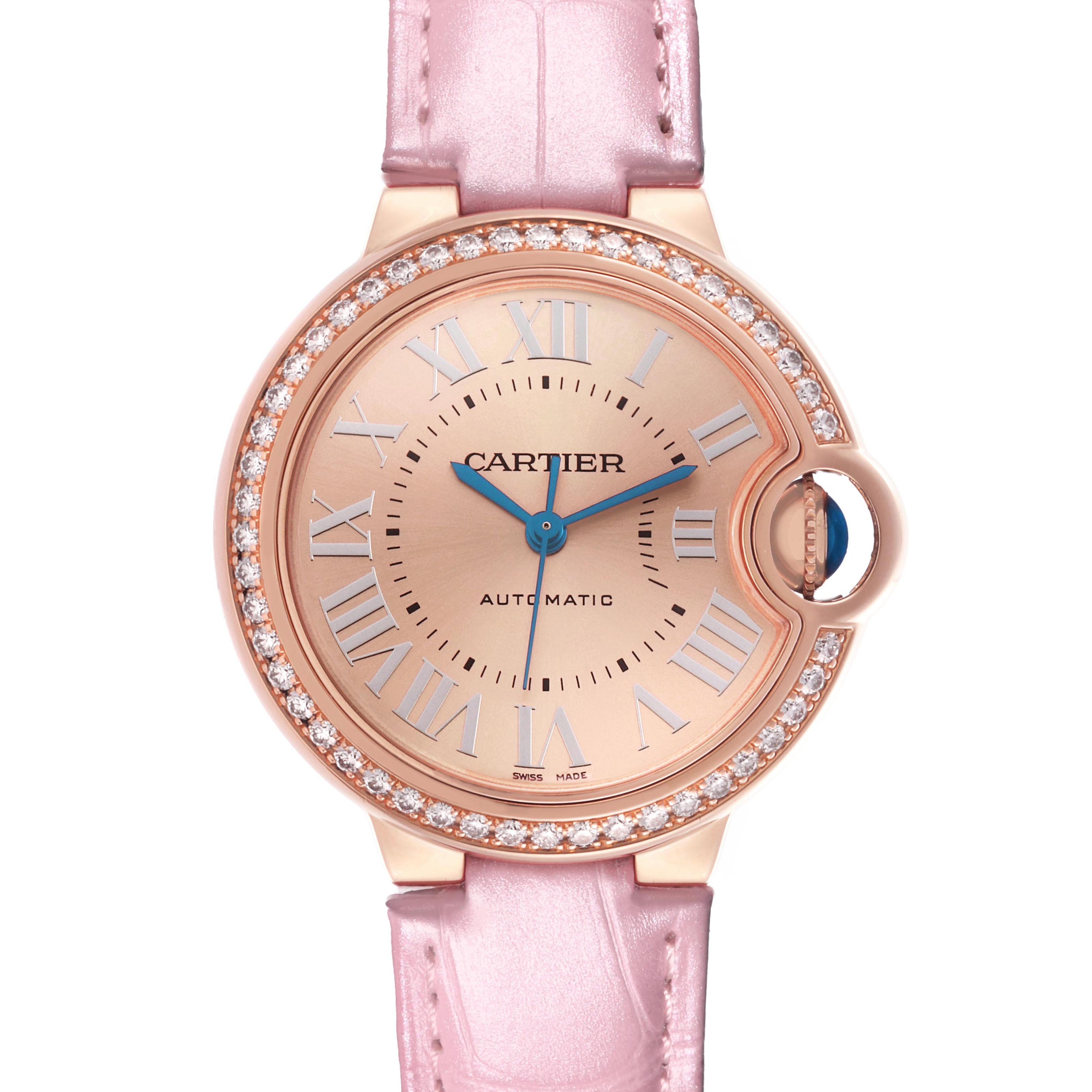 The Cartier Ballon Bleu WJBB0076 Women's Rose Gold Pink Dial watch is shown from a top-down angle, highlighting the face, diamond-set bezel, and pink strap.