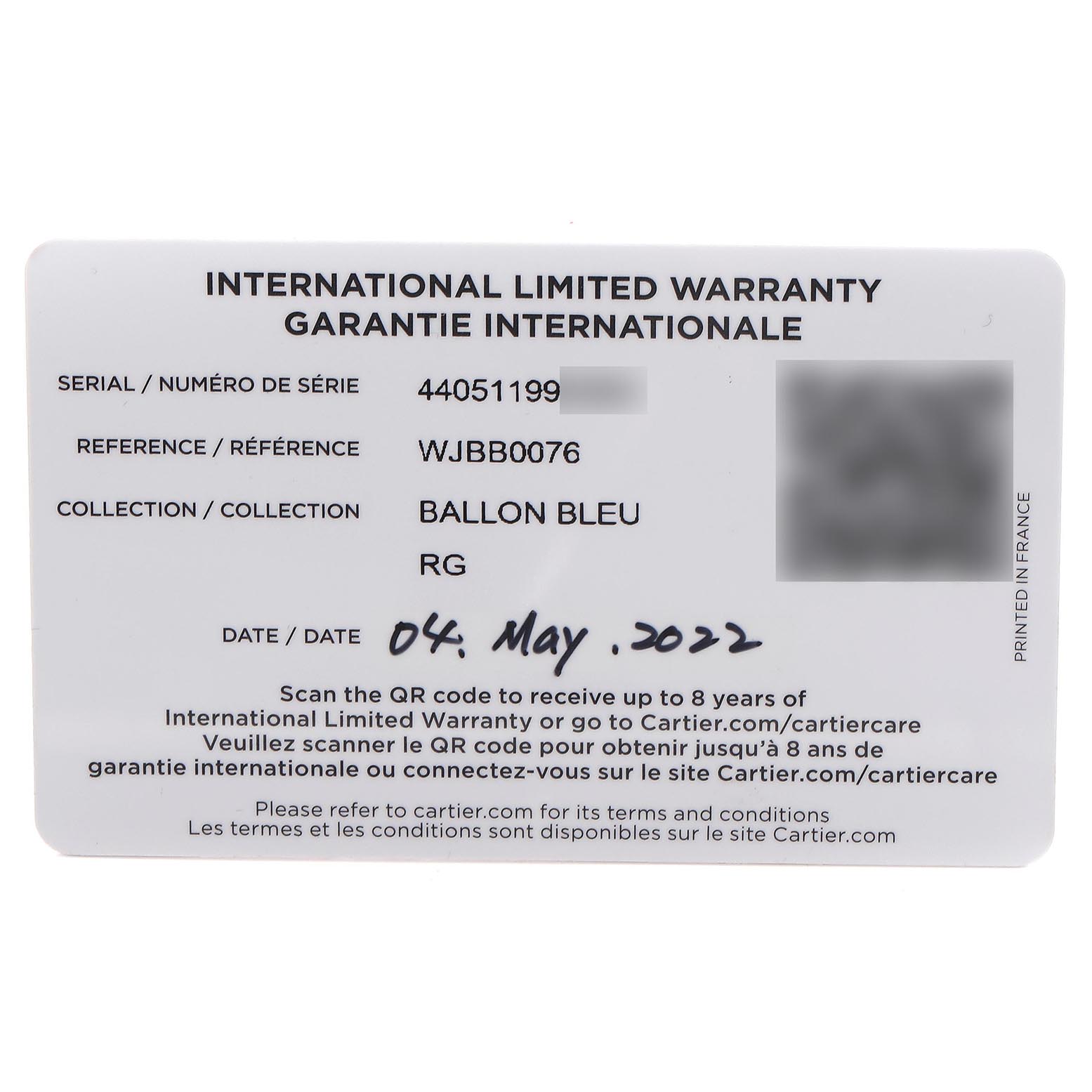 The image shows an International Limited Warranty card for the Cartier Ballon Bleu WJBB0033 Women's Rose Gold Pink Dial WJBB0033 Women's Rose Gold Pink Dial model.