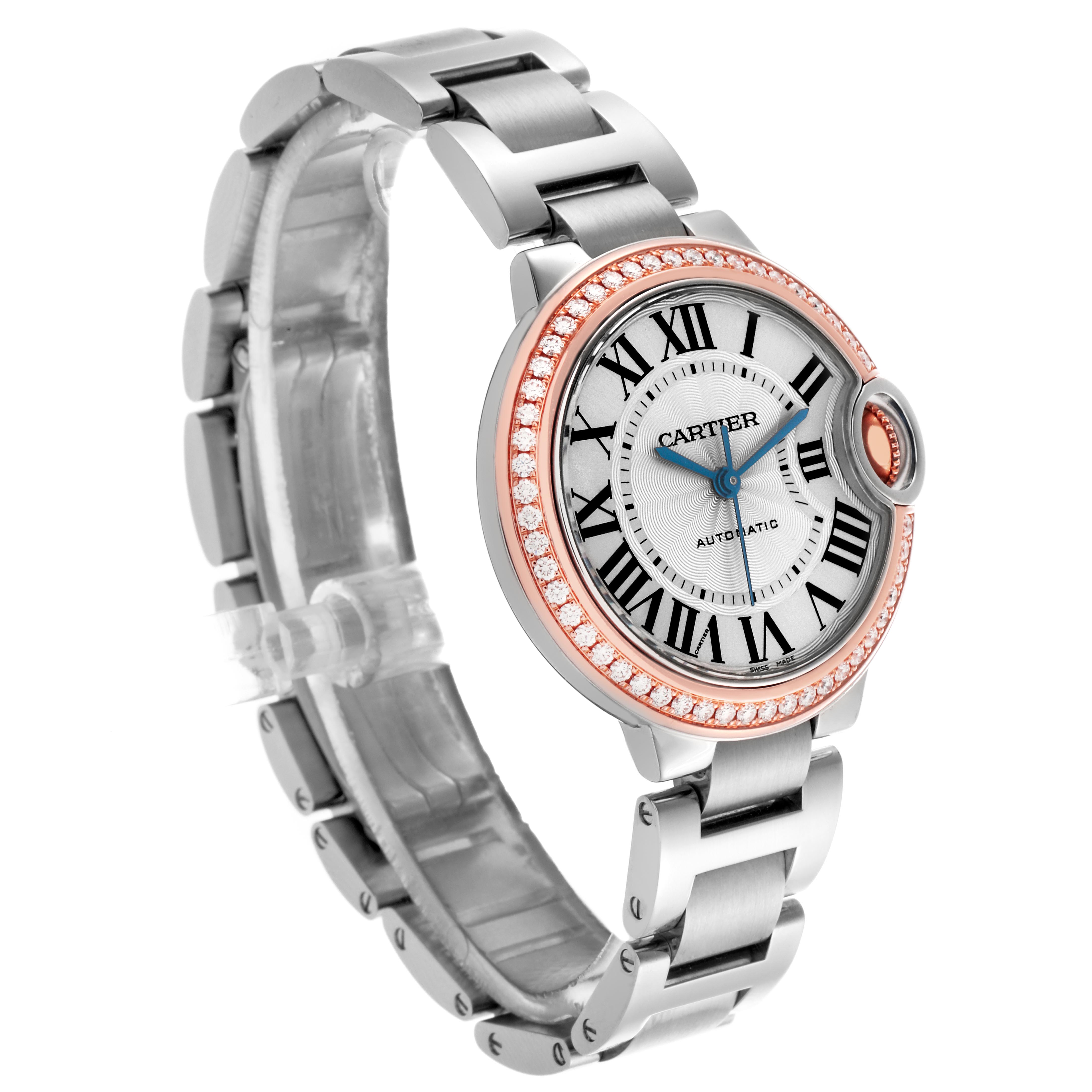 This Cartier Ballon Bleu WE902080 Women's Steel and Gold (two tone) Silver Dial WE902080 Women's Steel and Gold (two tone) Silver Dial watch is shown at a three-quarter angle, highlighting the face, bezel, and bracelet.