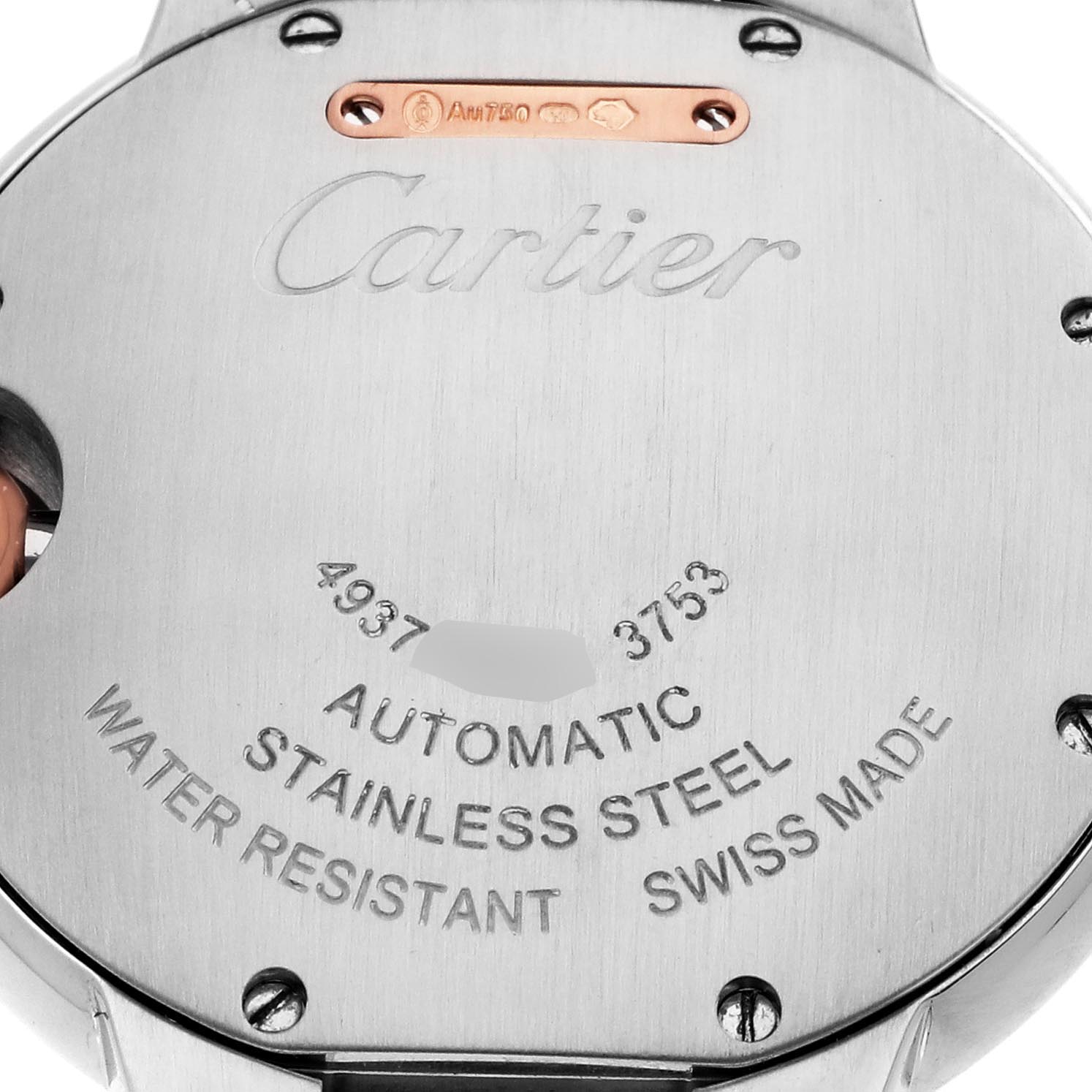 The image shows the back of a Cartier Ballon Bleu WE902080 Women's Steel and Gold (two tone) Silver Dial WE902080 Women's Steel and Gold (two tone) Silver Dial watch, highlighting details like "Automatic," "Stainless Steel," and "Swiss Made."