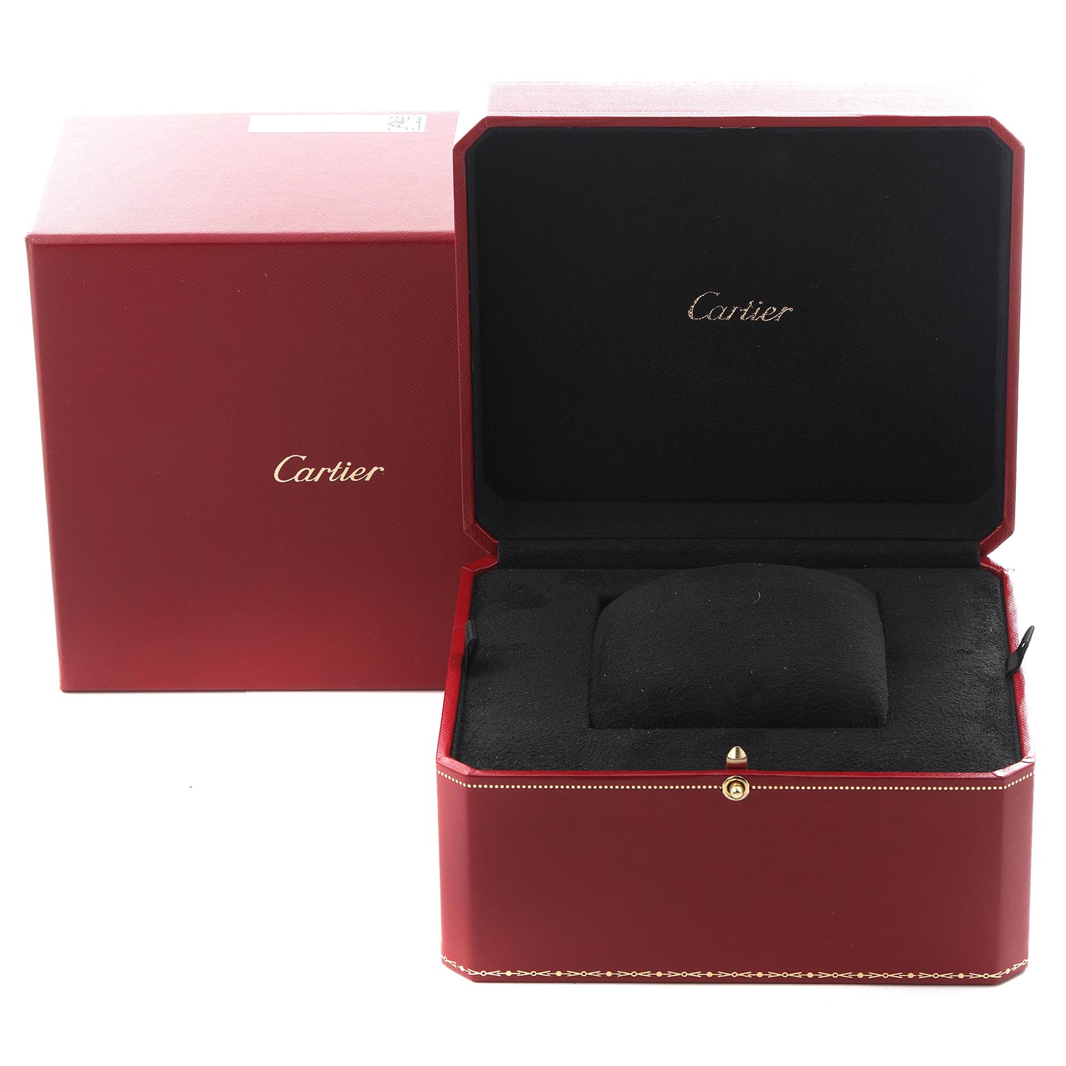 The image shows the Cartier Ballon Bleu WE902080 Women's Steel and Gold (two tone) Silver Dial WE902080 Women's Steel and Gold (two tone) Silver Dial watch box, open to reveal the interior with velvet cushioning.