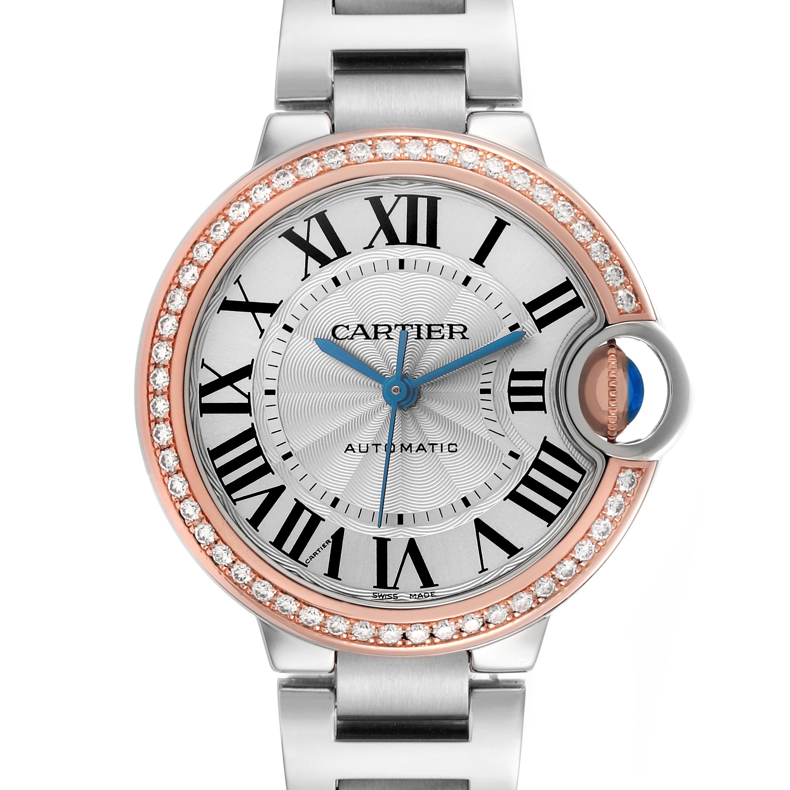 The Cartier Ballon Bleu WE902080 Women's Steel and Gold (two tone) Silver Dial WE902080 Women's Steel and Gold (two tone) Silver Dial watch is shown from a front angle, highlighting its face, diamond-set bezel, and part of the bracelet.