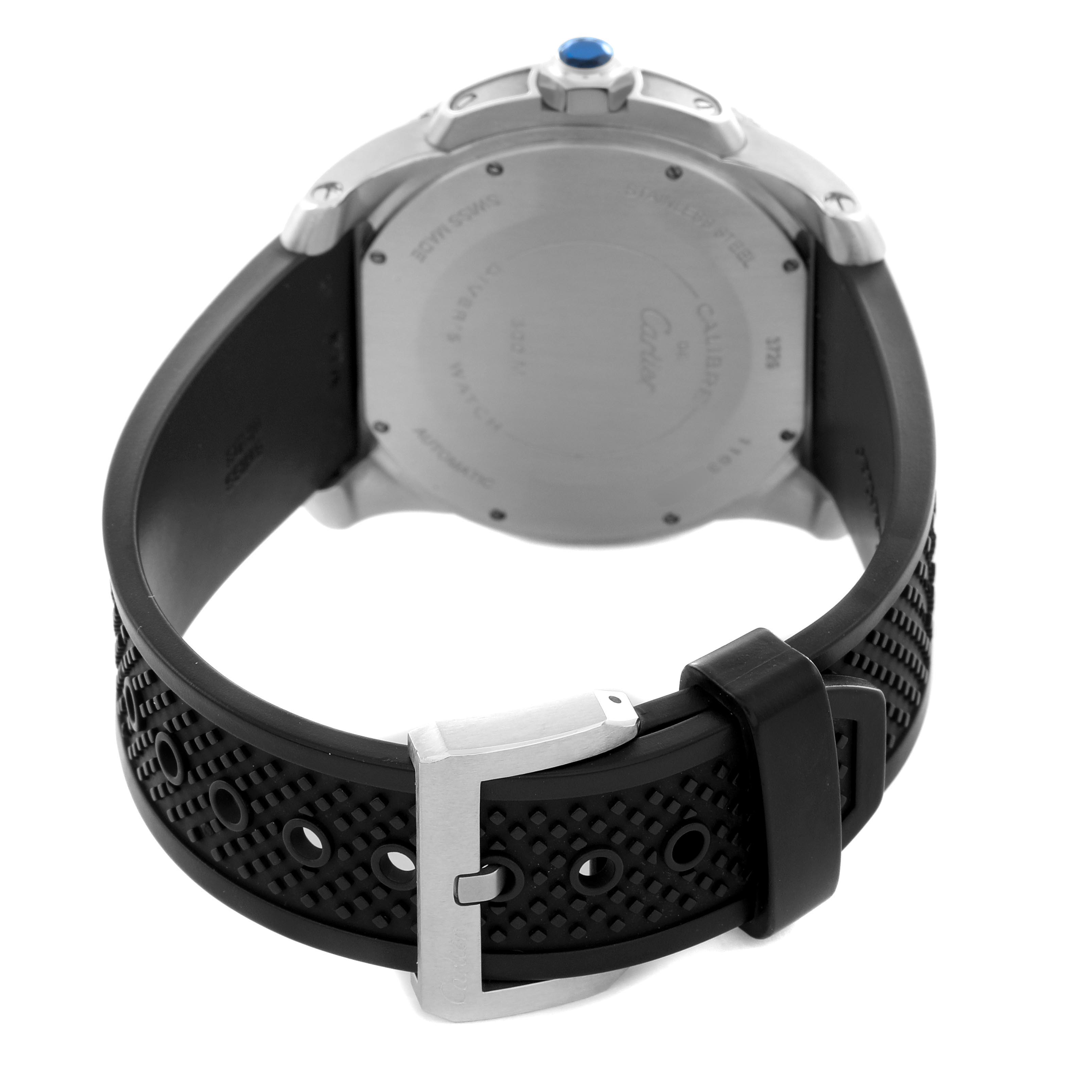 The image shows the back and side profile of a Calibre de Cartier watch, highlighting the case back, strap, and buckle.