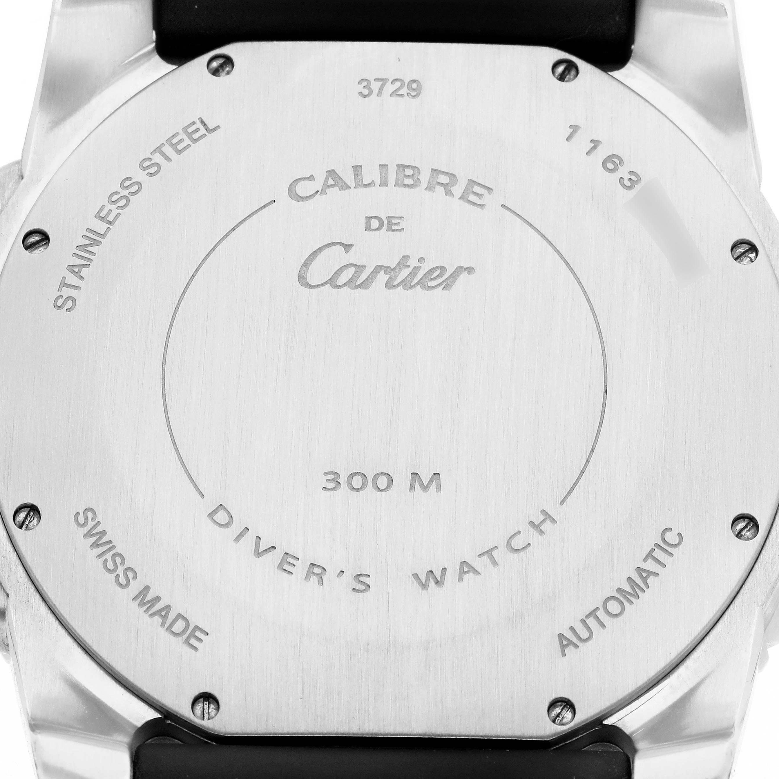 The image shows the back of a Calibre de Cartier watch by Cartier, highlighting details like "Stainless Steel" and "300 M Diver
s Watch."