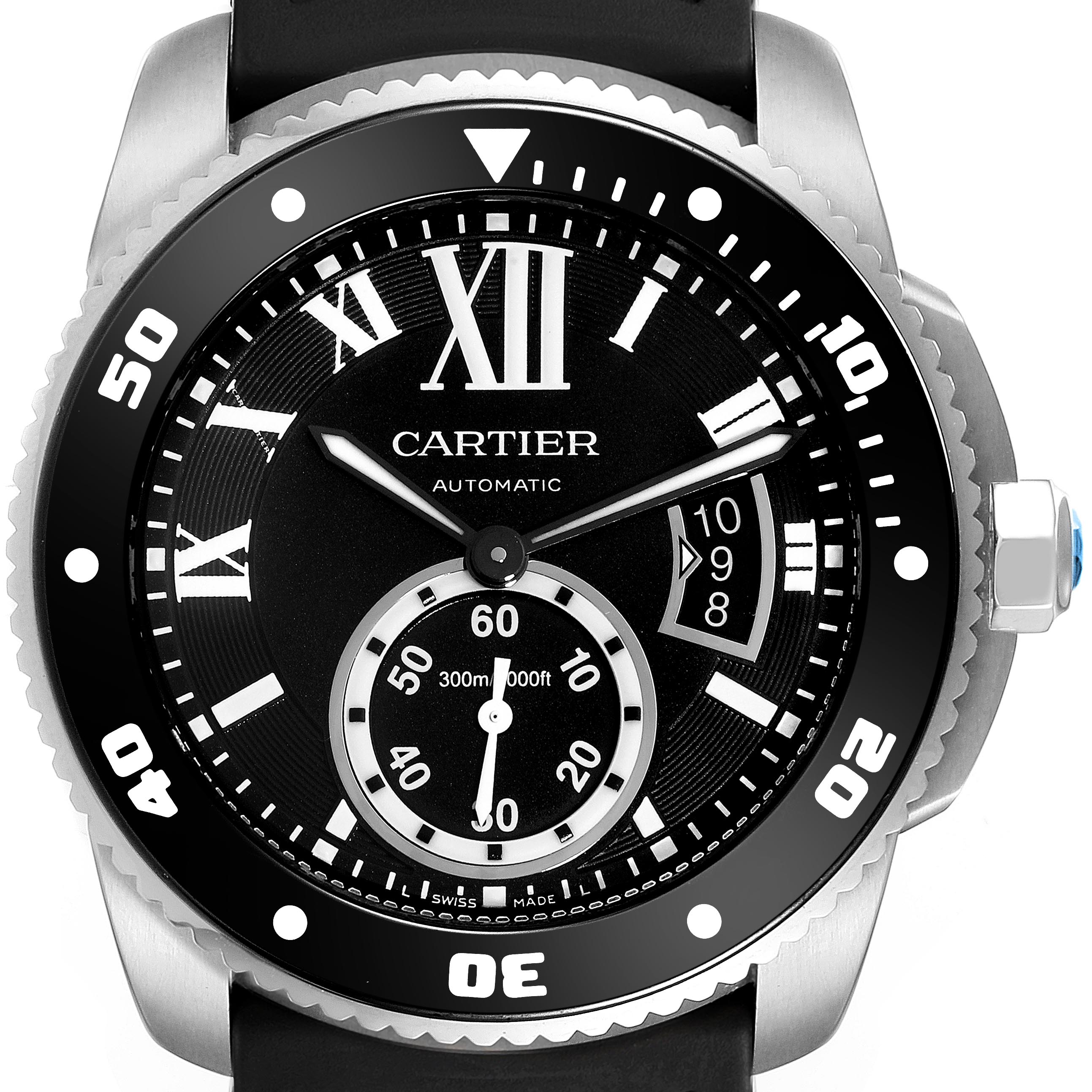 The Calibre de Cartier watch is shown from the front, highlighting the dial, bezel, and date window.