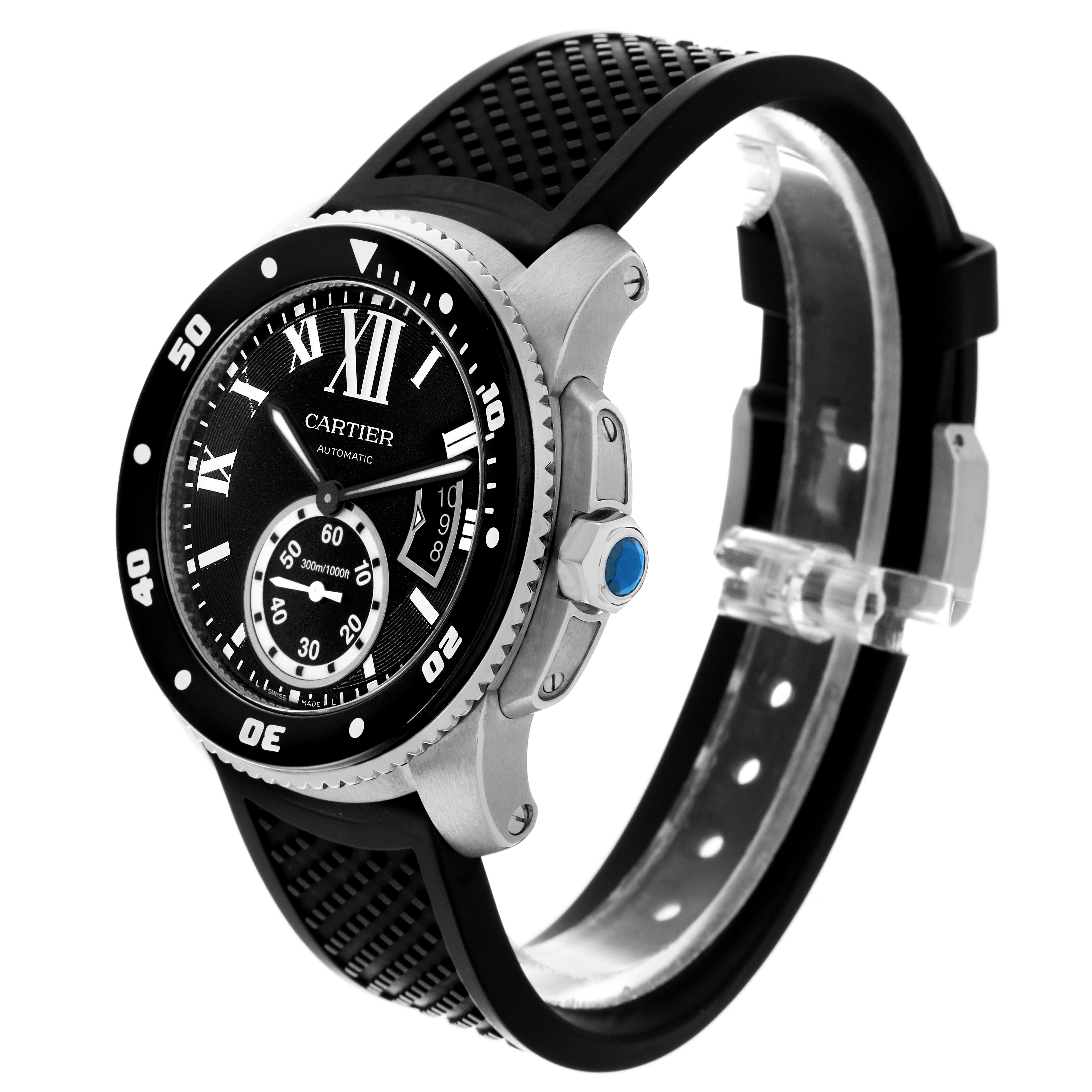 The image shows a side angle of the Calibre de Cartier watch, displaying the dial, bezel, crown, and part of the strap.