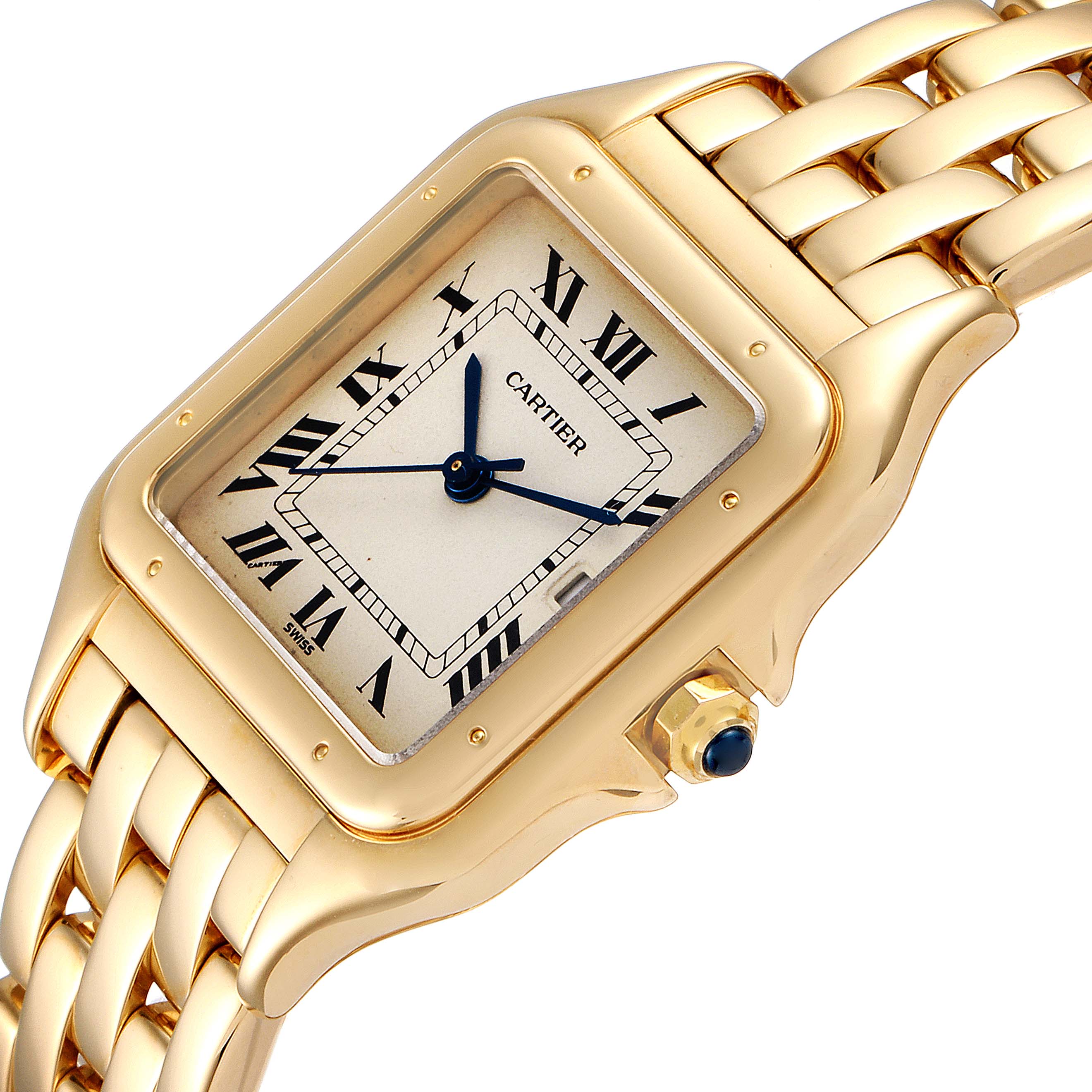The image displays a Cartier Panthère watch at a slight angle, showing the face, crown, and part of the gold bracelet.