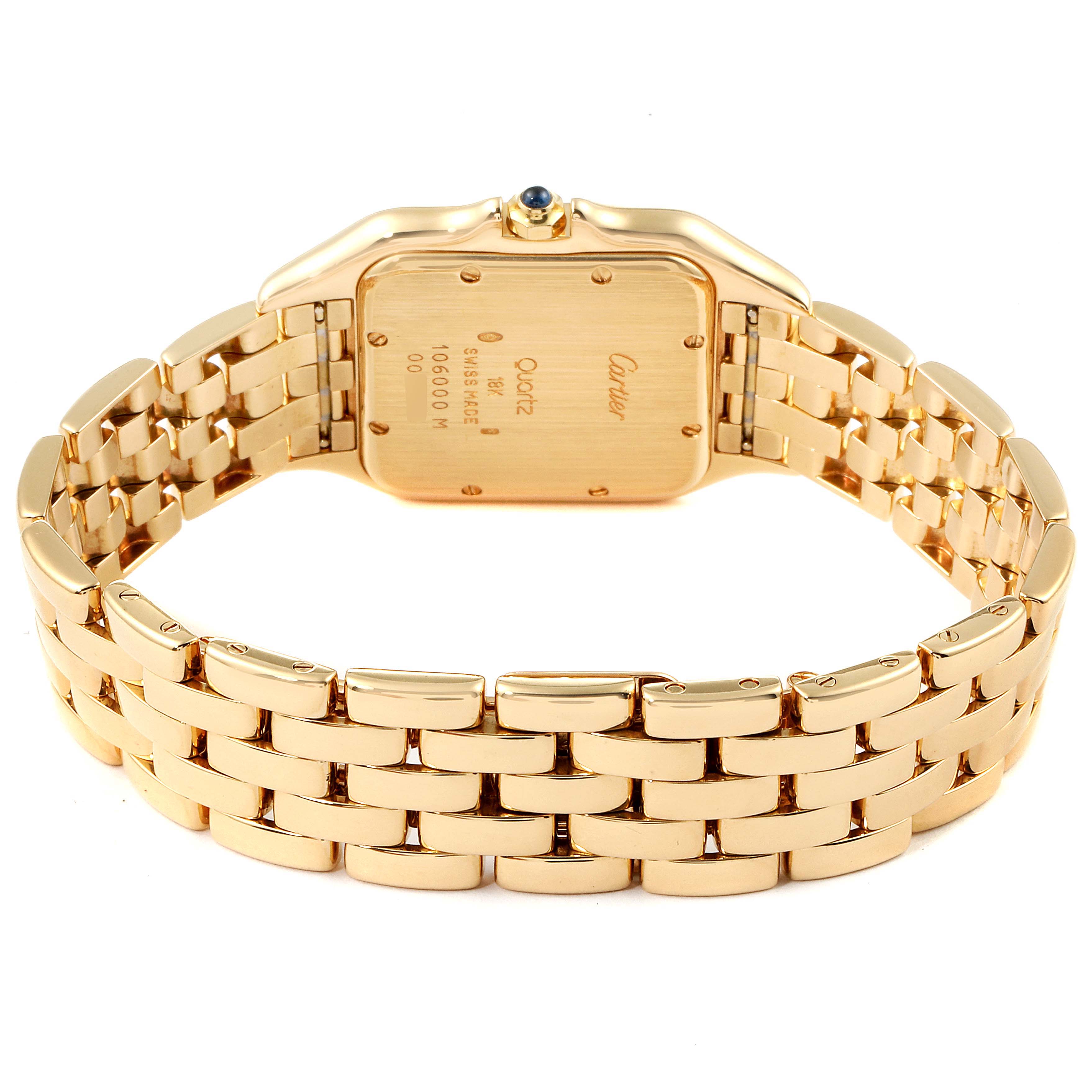 This image shows the back view of the Cartier Panthere W25014B9 Women's Yellow Gold Silver Dial W25014B9 Women's Yellow Gold Silver Dial watch, highlighting its gold bracelet and case back.